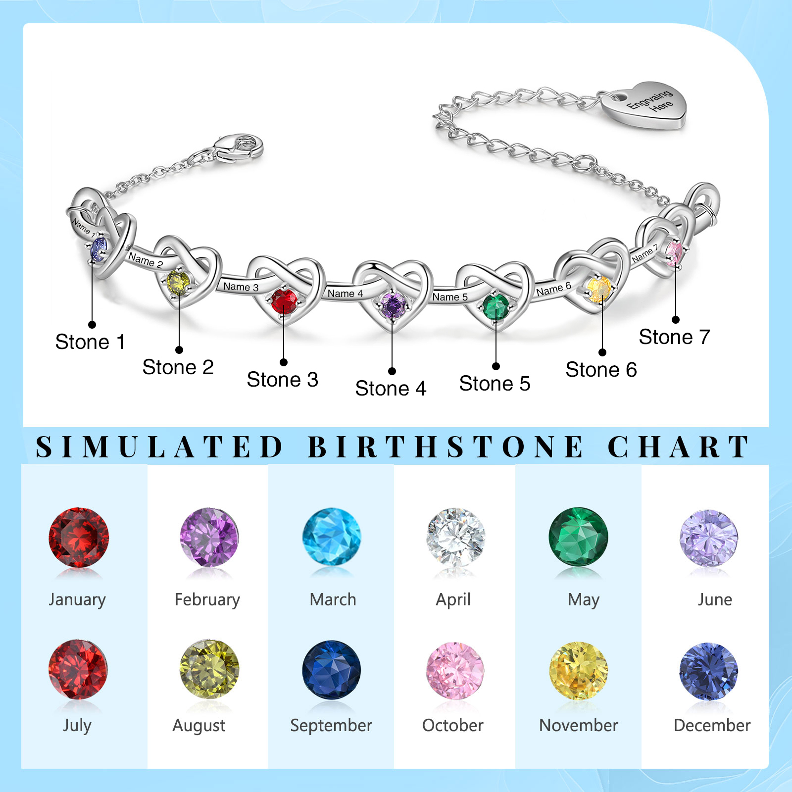 7 Names-Personalized Linked Heart Bracelet With 7 Birthstones Engraved Names And Text Bangle For Her