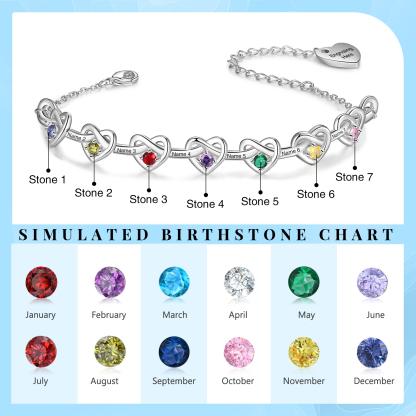 7 Names-Personalized Linked Heart Bracelet With 7 Birthstones Engraved Names And Text Bangle For Her
