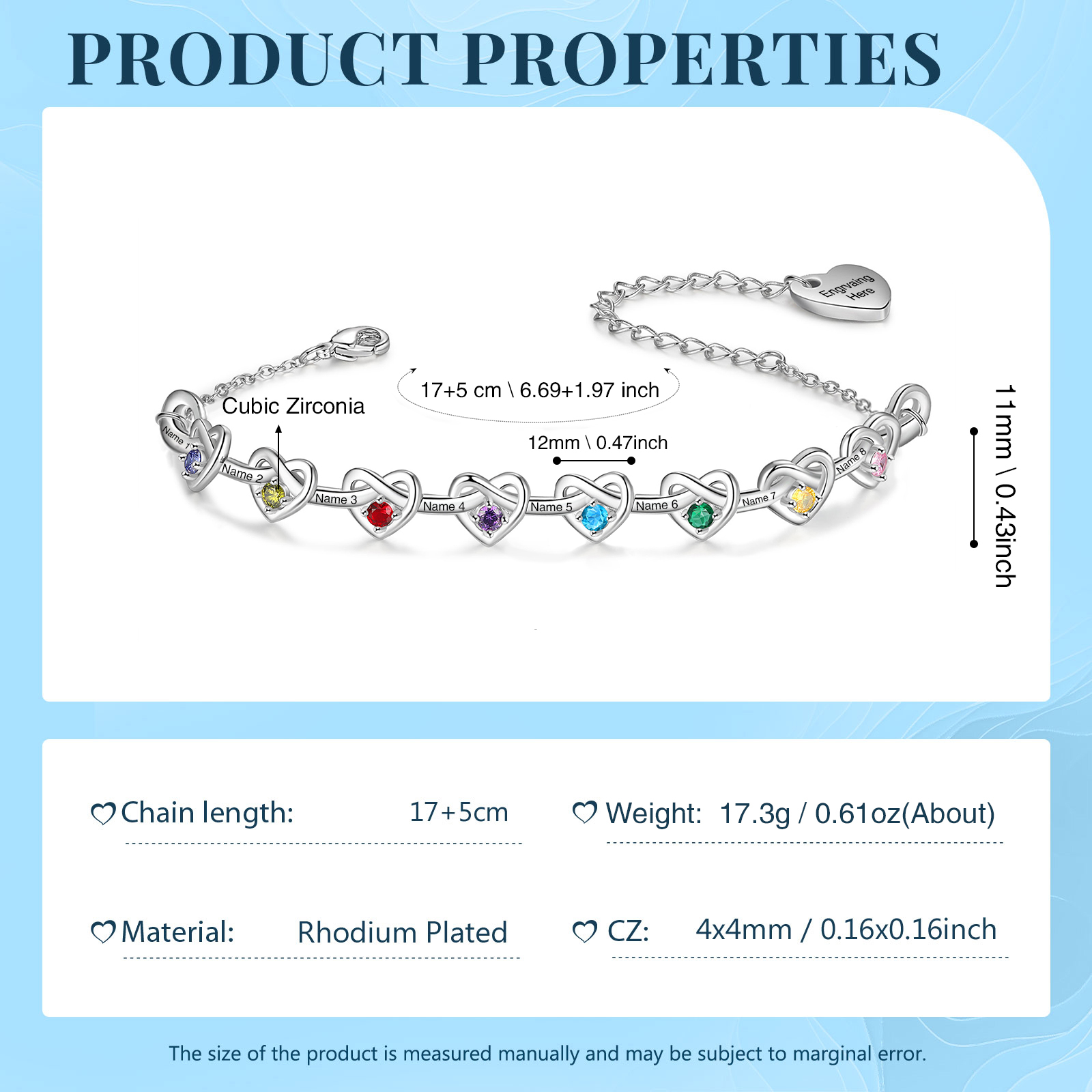 8 Names-Personalized Linked Heart Bracelet With 8 Birthstones Engraved Names And Text Bangle For Her