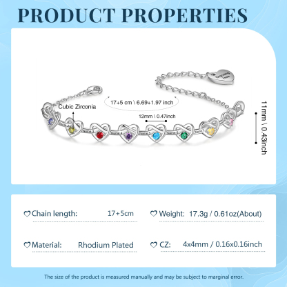 8 Names-Personalized Linked Heart Bracelet With 8 Birthstones Engraved Names And Text Bangle For Her
