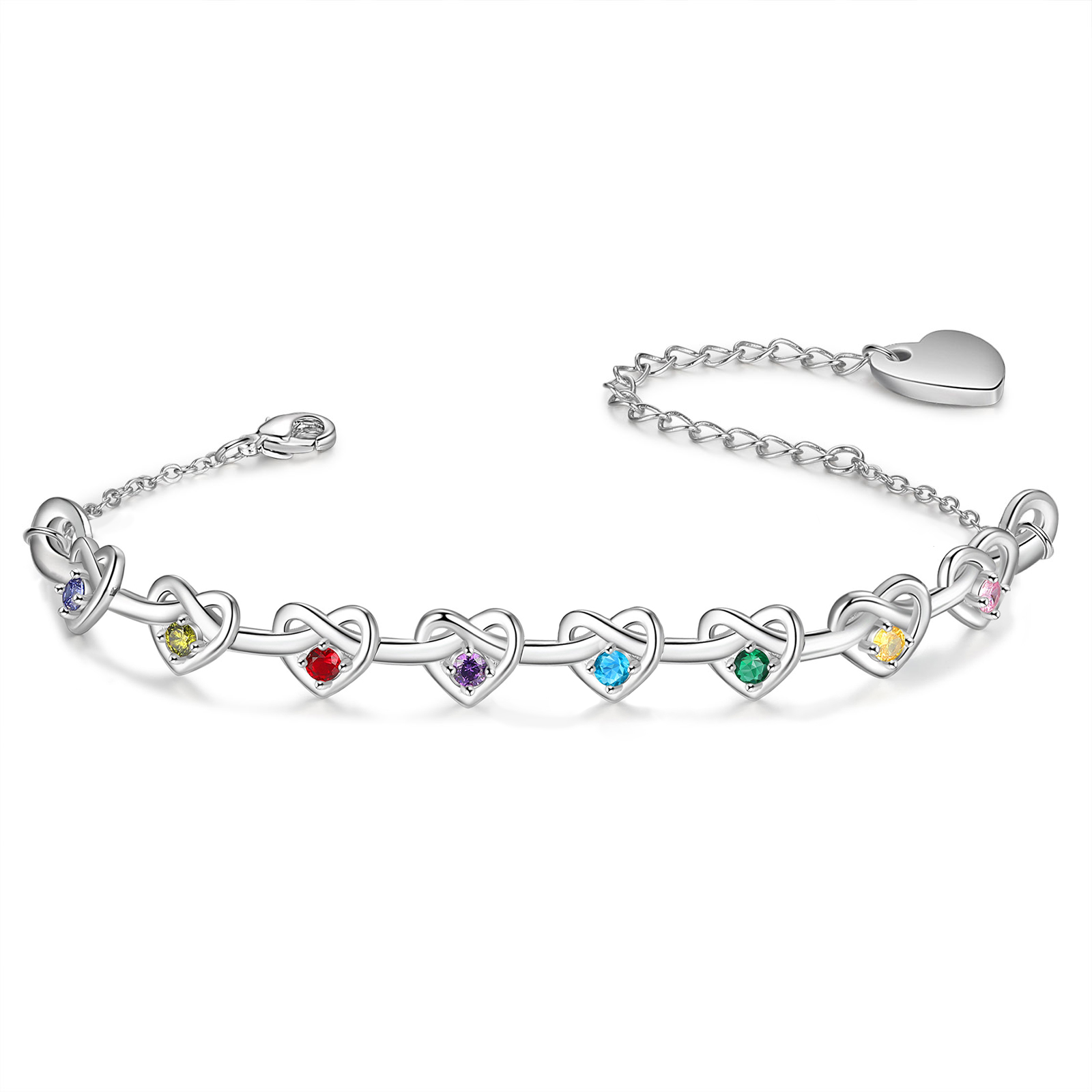 8 Names-Personalized Linked Heart Bracelet With 8 Birthstones Engraved Names And Text Bangle For Her