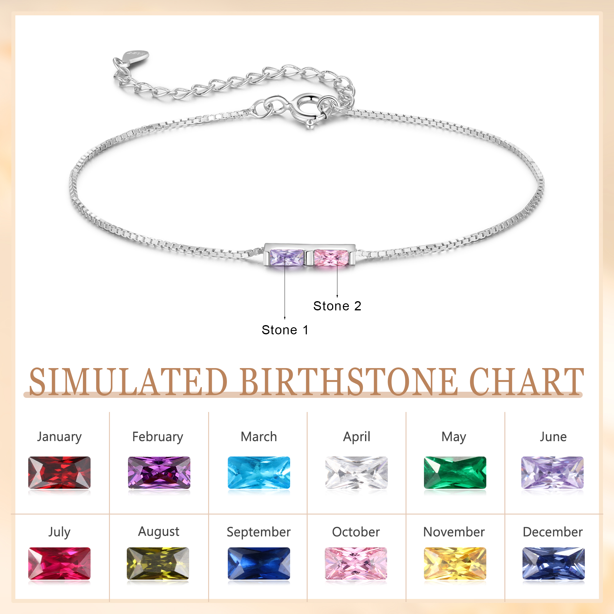 S925 Silver Custom 2 Birthstones Bracelet Gold Adjustable Bracelet Personalized Birthday Gift for Her