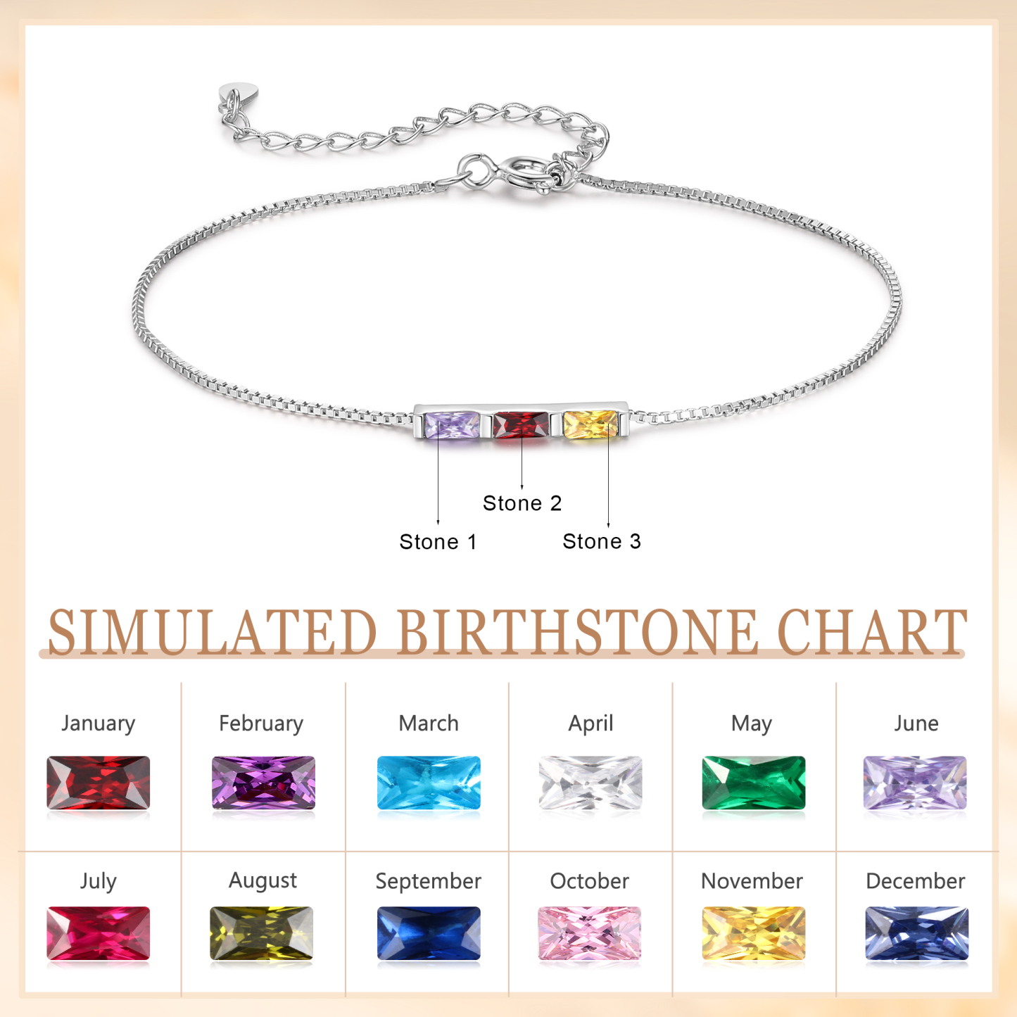 S925 Silver Custom 3 Birthstones Bracelet Gold Adjustable Bracelet Personalized Birthday Gift for Her