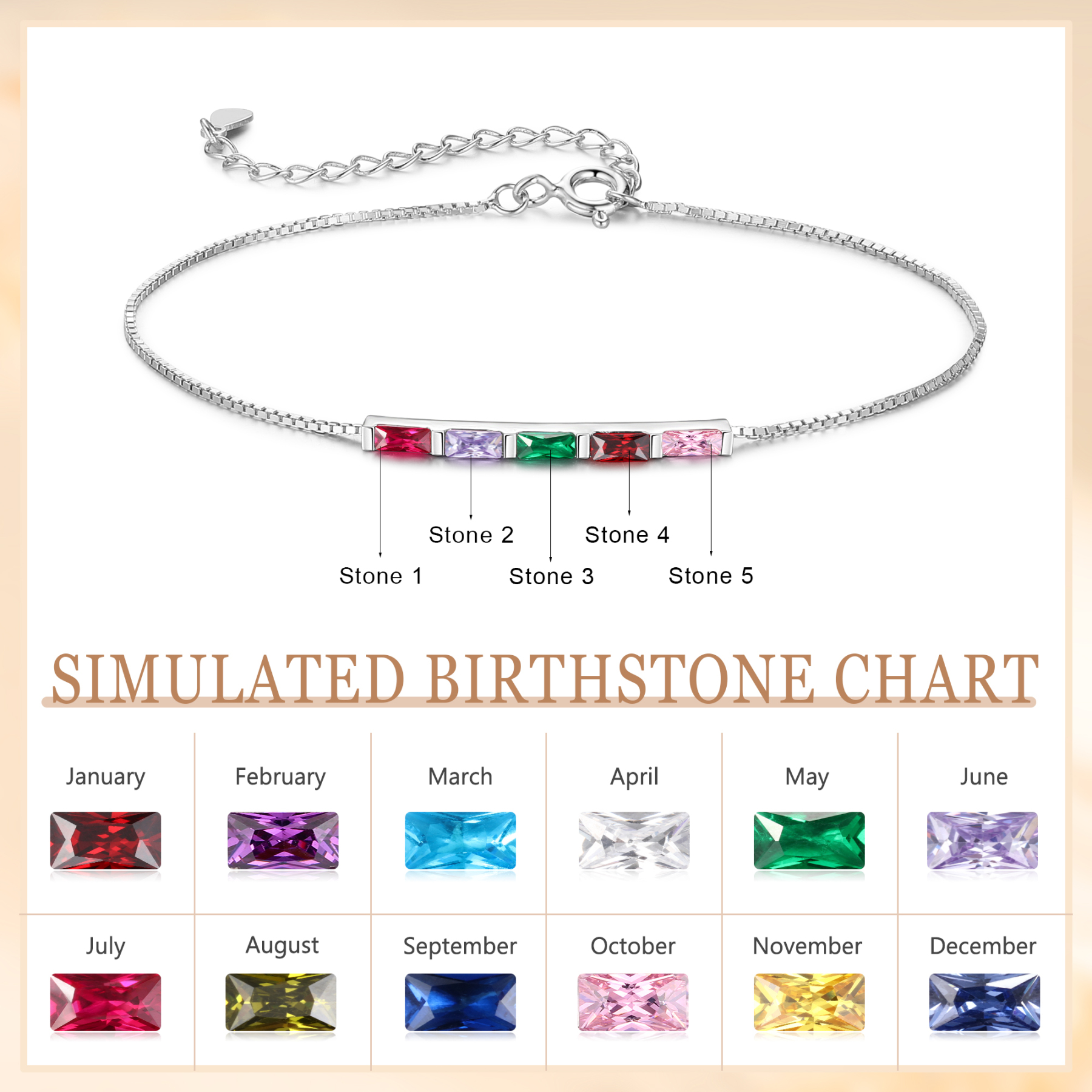 S925 Silver Custom 5 Birthstones Bracelet Gold Adjustable Bracelet Personalized Birthday Gift for Her