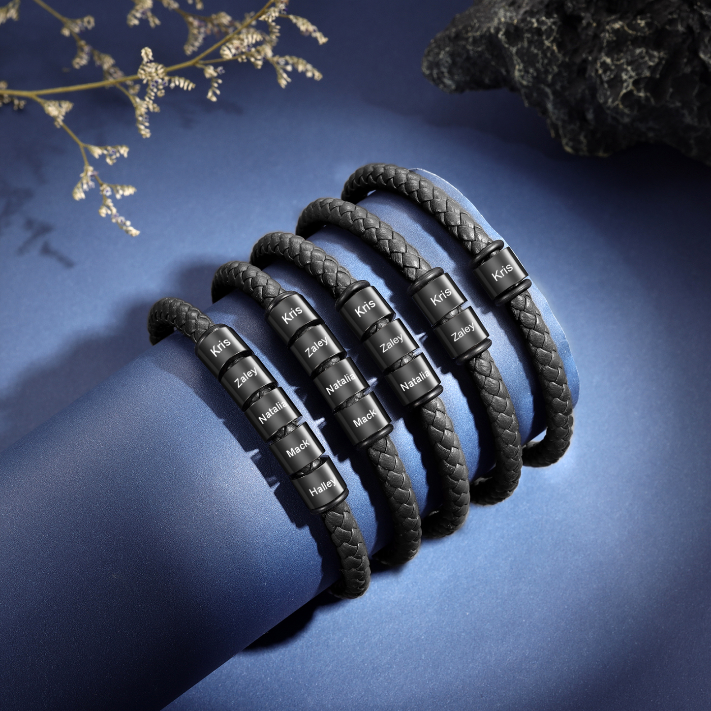 5 Names - Personalised Men's Leather Bracelet Custom Beaded Bracelets Fathers Day Gifts for Him