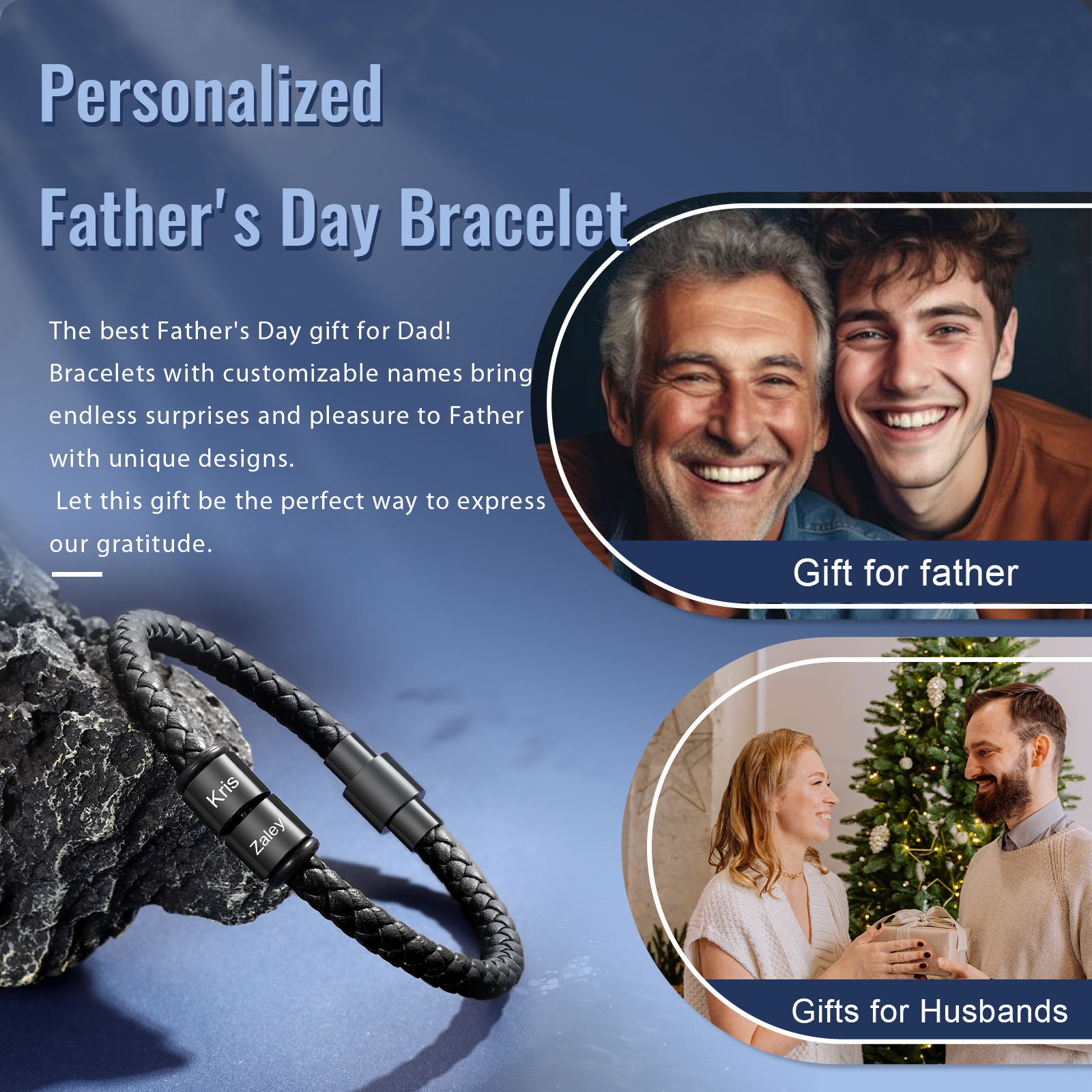 [Copy]1 Name - Personalised Men's Leather Bracelet Custom Beaded Bracelets Fathers Day Gifts for Him