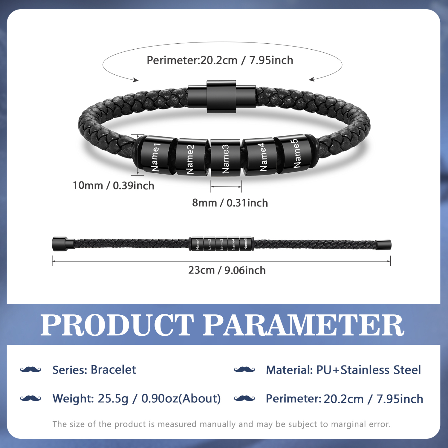 5 Names - Personalised Men's Leather Bracelet Custom Beaded Bracelets Fathers Day Gifts for Him