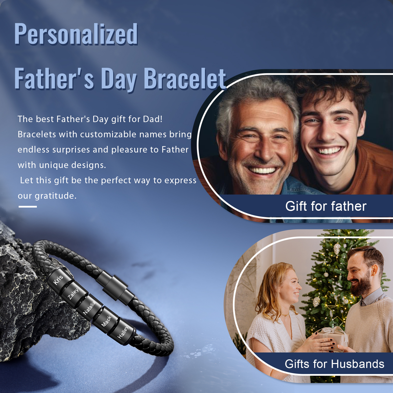 5 Names - Personalised Men's Leather Bracelet Custom Beaded Bracelets Fathers Day Gifts for Him