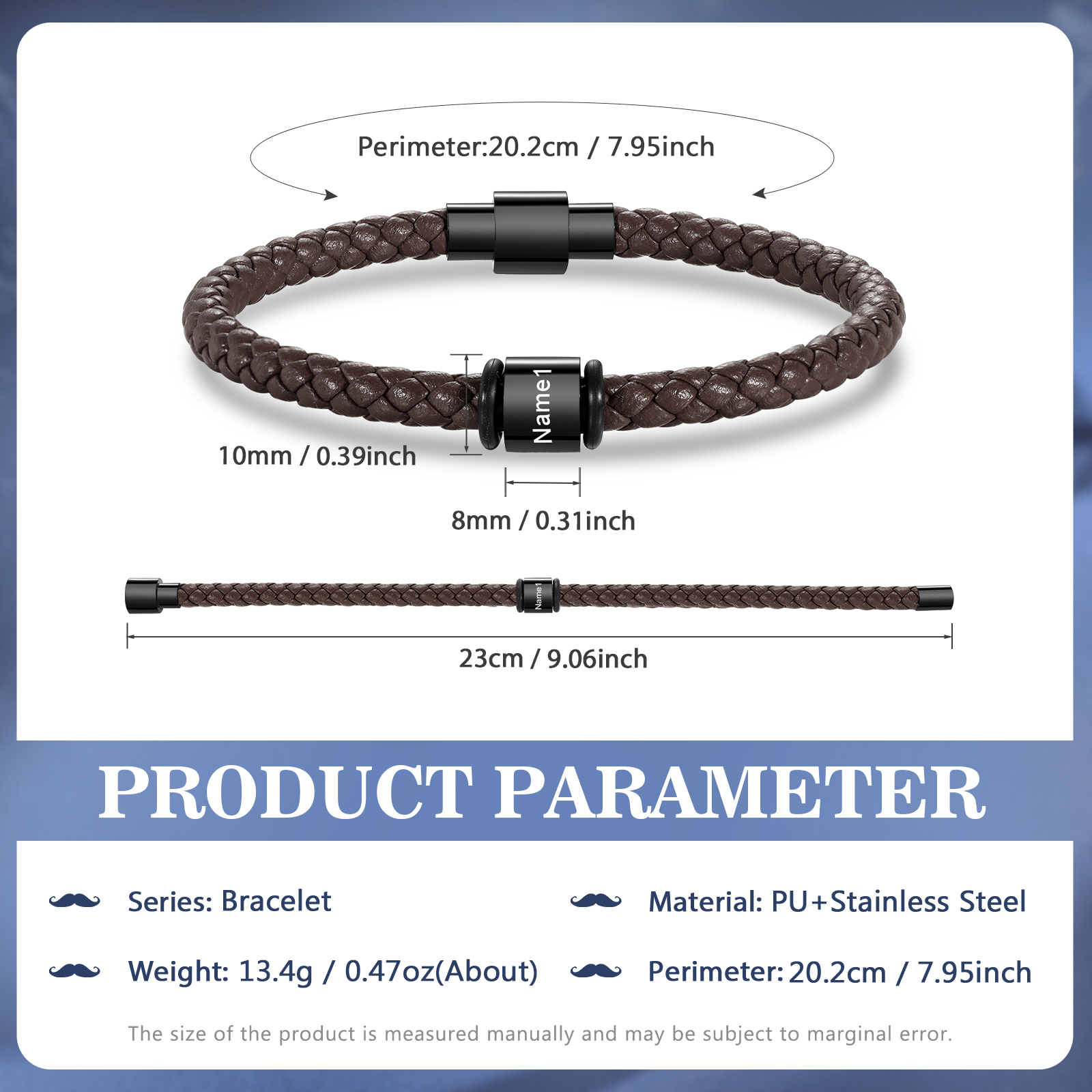 [Copy]1 Name - Personalised Men's Leather Bracelet Custom Text Beaded Bracelets Vintage Gift for Him