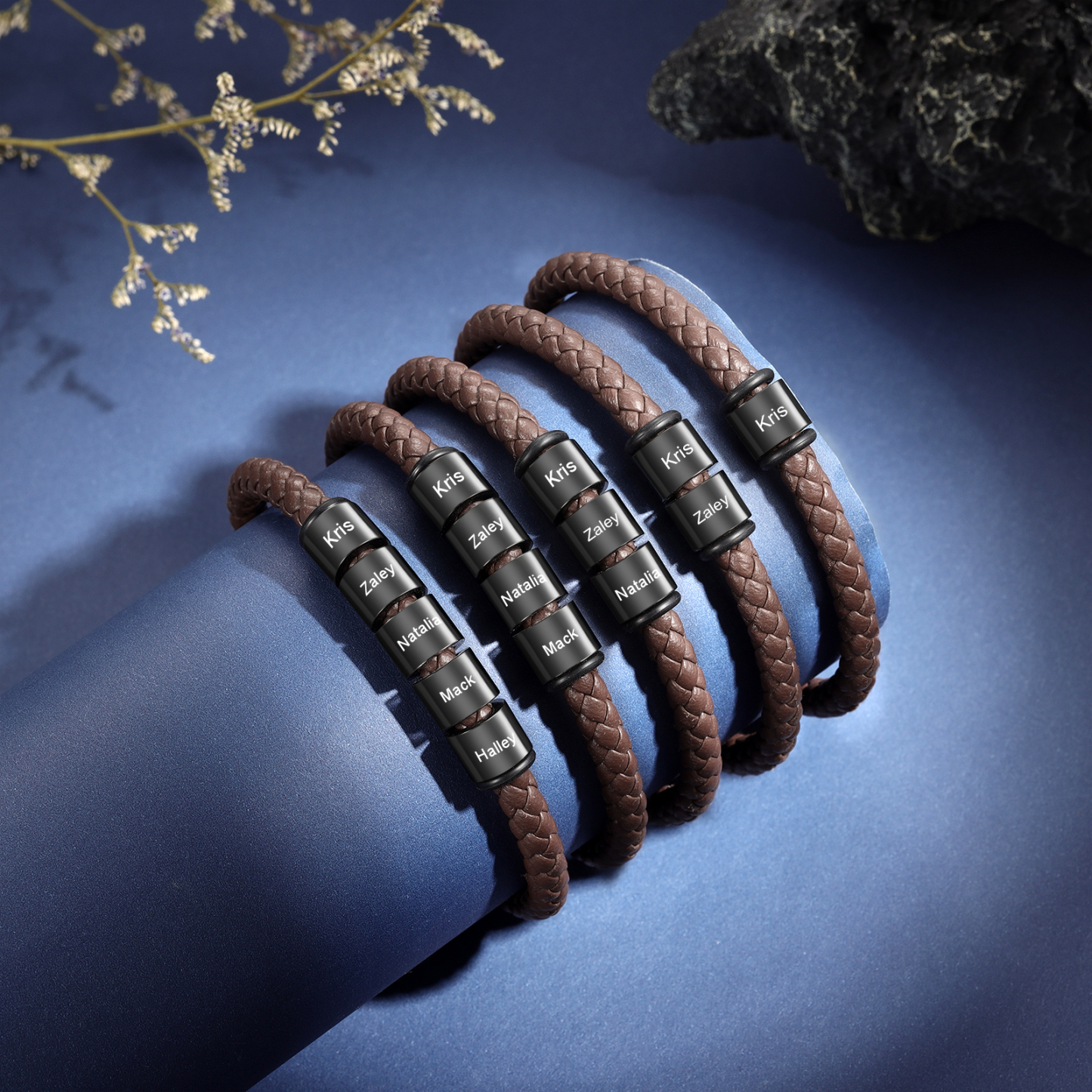 5 Names - Personalised Men's Leather Bracelet Custom Beaded Bracelets Fathers Day Gifts for Him
