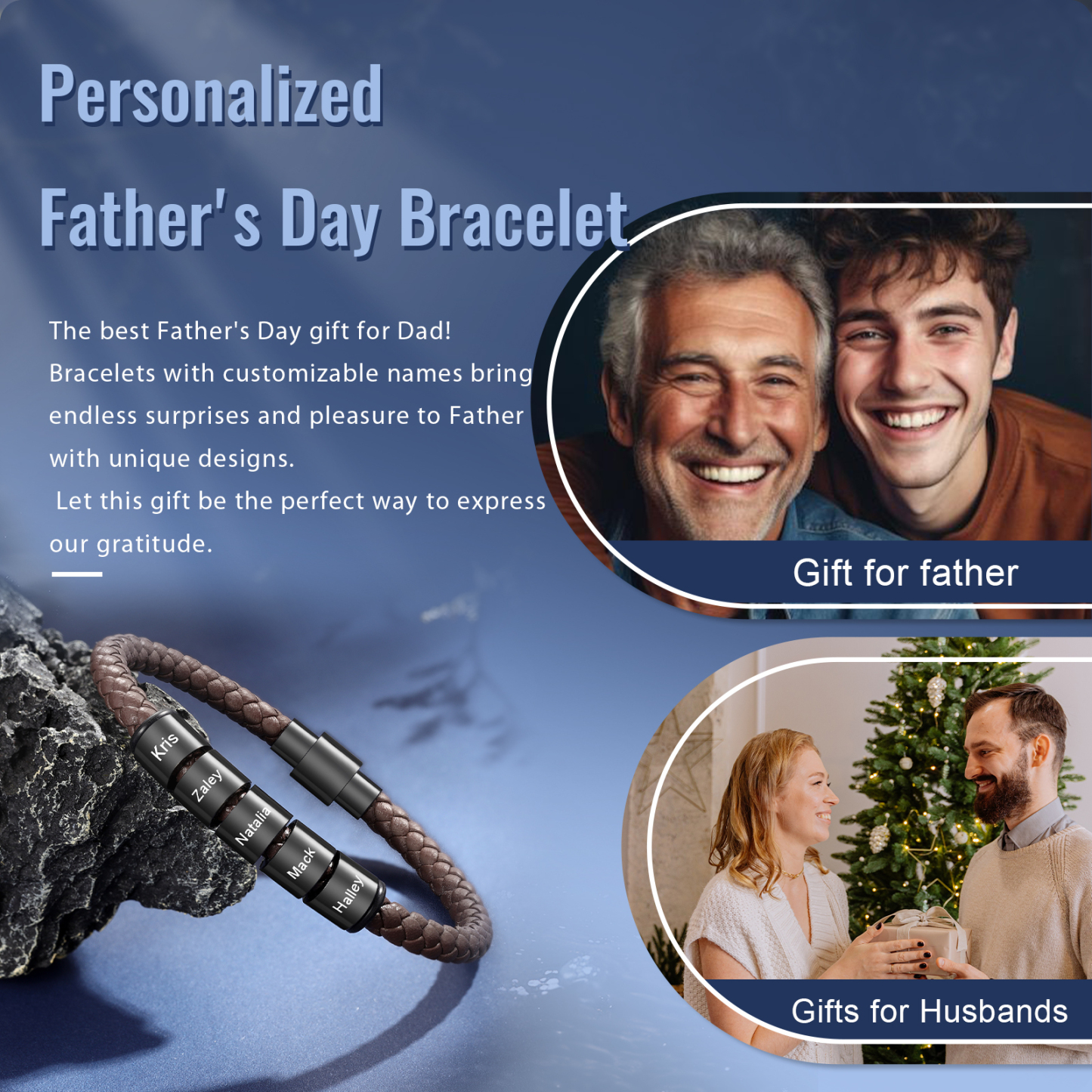 5 Names - Personalised Men's Leather Bracelet Custom Beaded Bracelets Fathers Day Gifts for Him