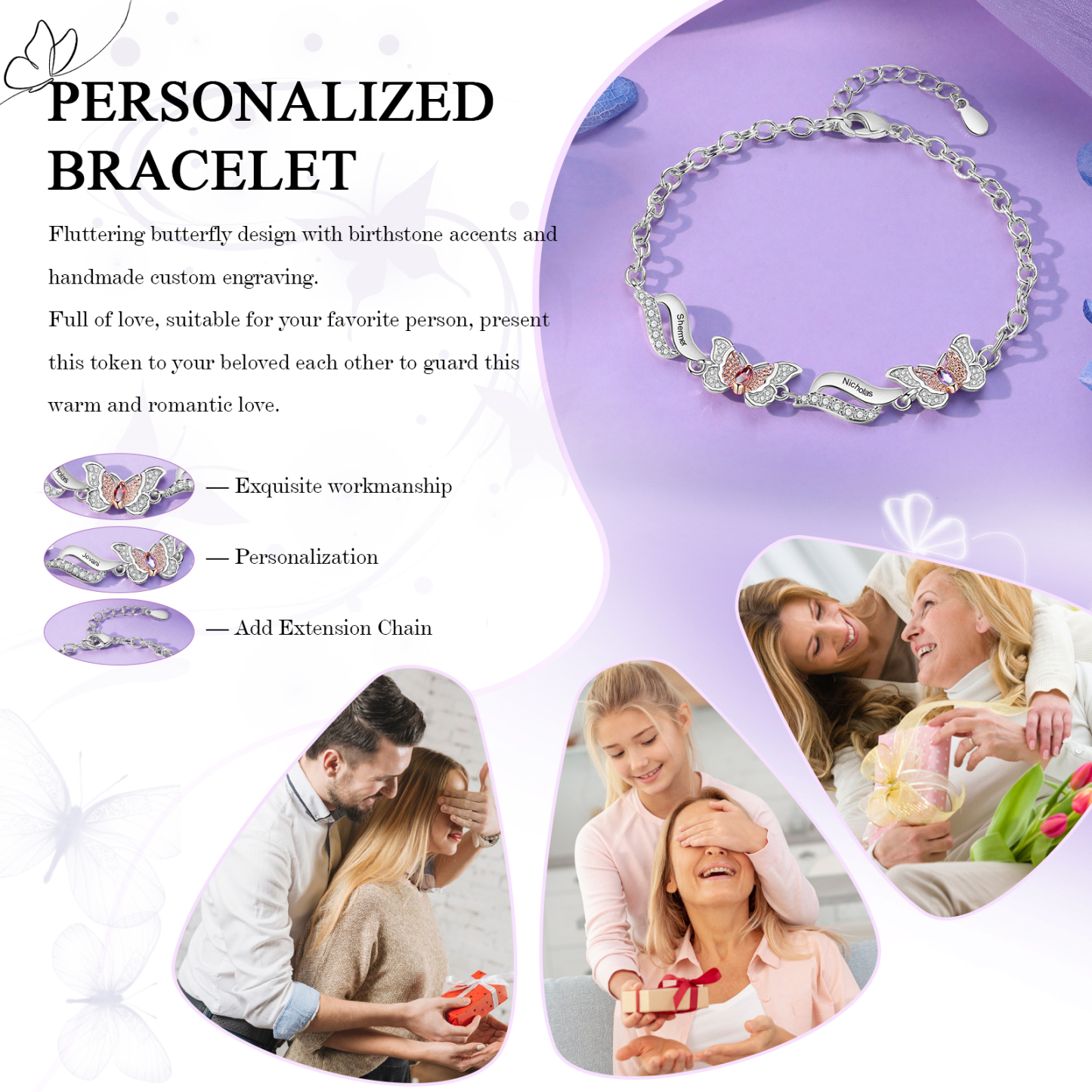 Personalized 2 Birthstones Engraved 2 Names Bracelet Women's Butterfly Bracelets Gifts for Grandma/Mother