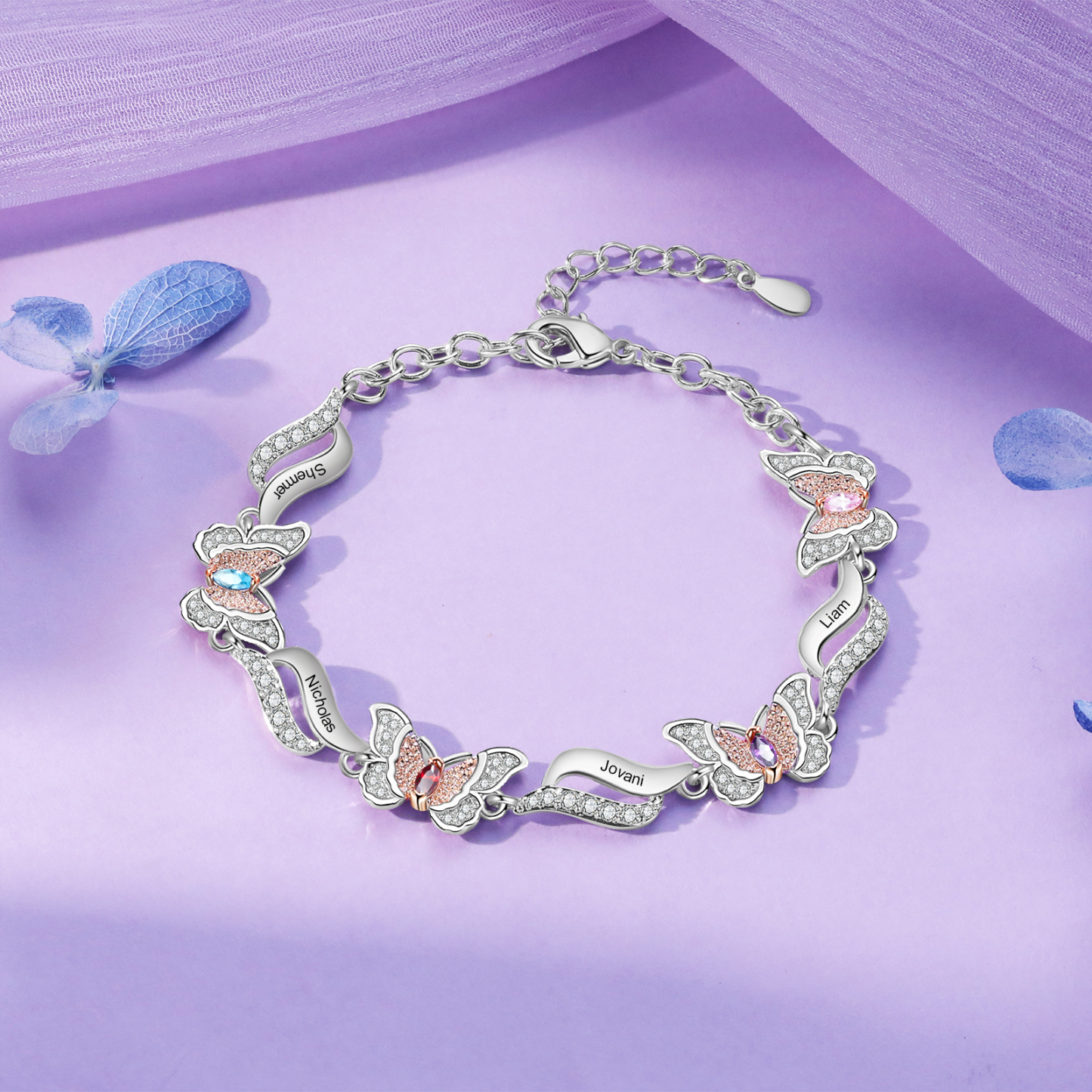 Personalized 4 Birthstones Engraved 4 Names Bracelet Women's Butterfly Bracelets Gifts for Grandma/Mother