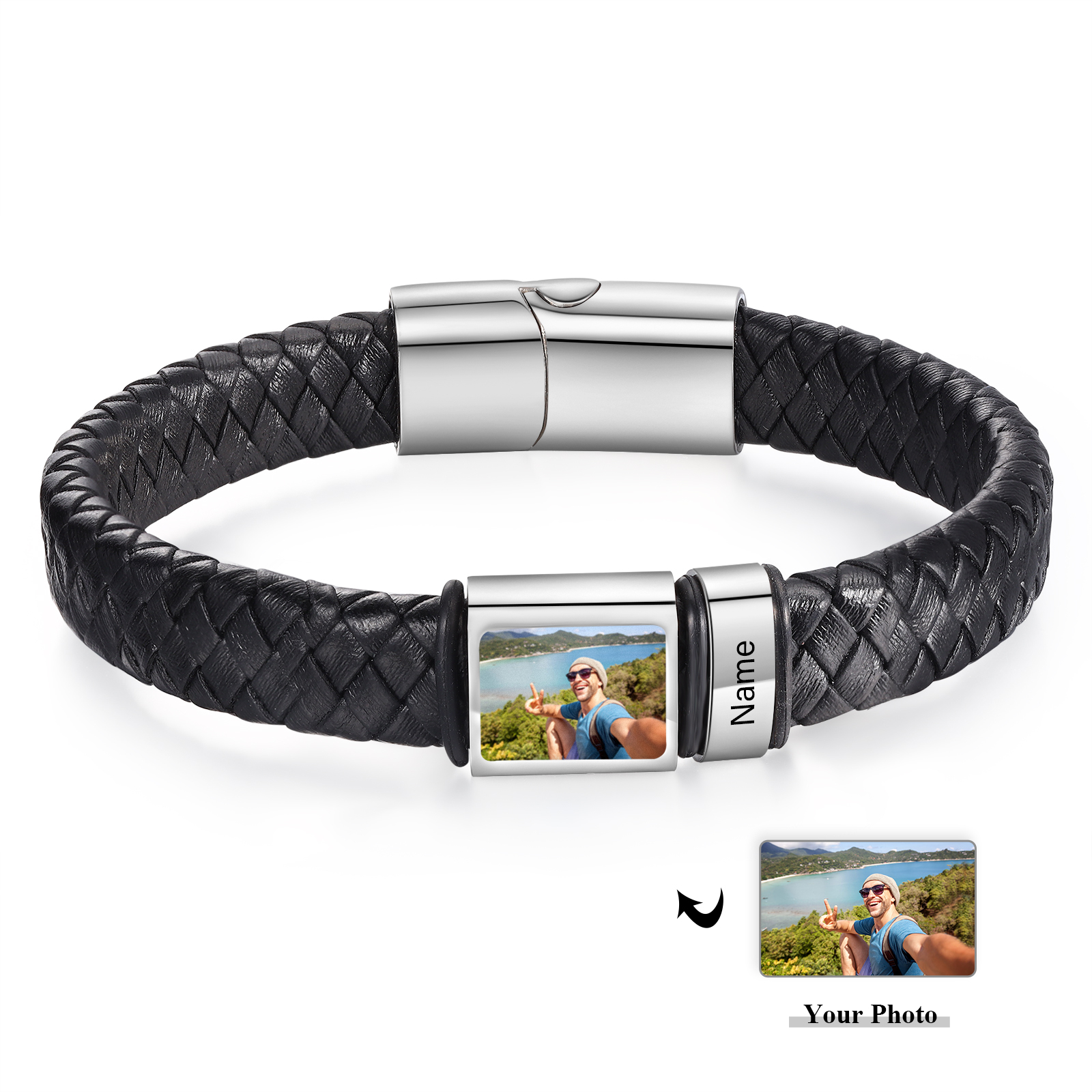 Personalized Men's Leather Bracelet Custom 1 Photo & 1–6 Names Black S