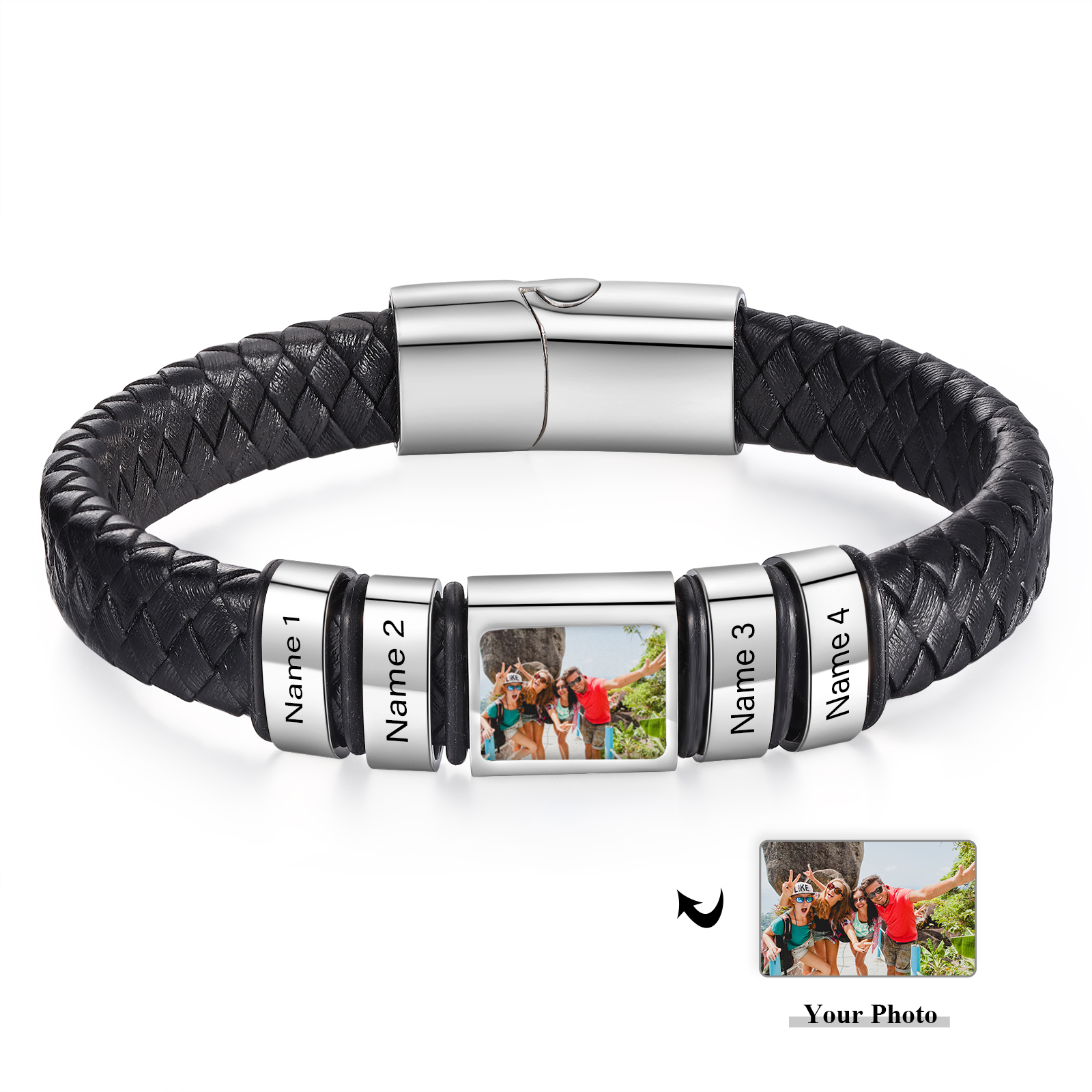 Personalized Men's Leather Bracelet Custom 1 Photo & 1–6 Names Black Silver Gifts for Him