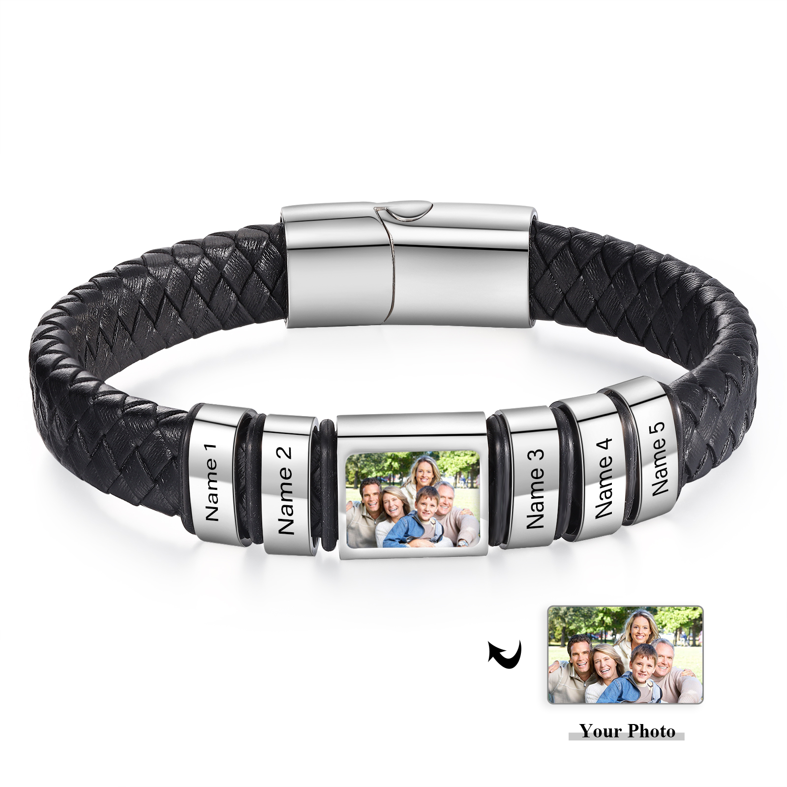 Personalized Men's Leather Bracelet Custom 1 Photo & 1–6 Names Black Silver Gifts for Him