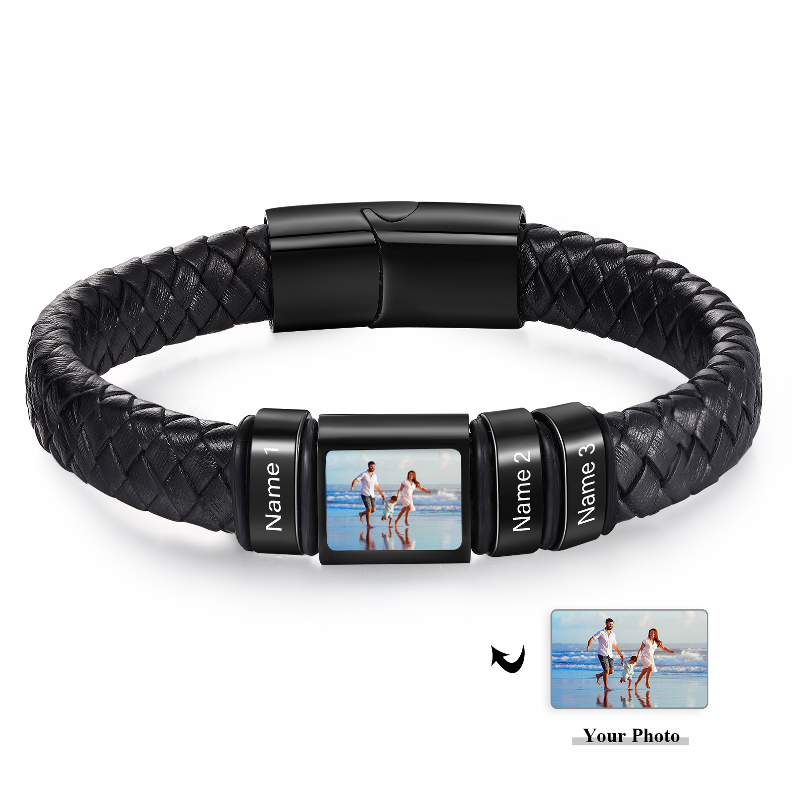 Personalized Men's Leather Bracelet Custom 1 Photo & 1–6 Names Black Silver Gifts for Him