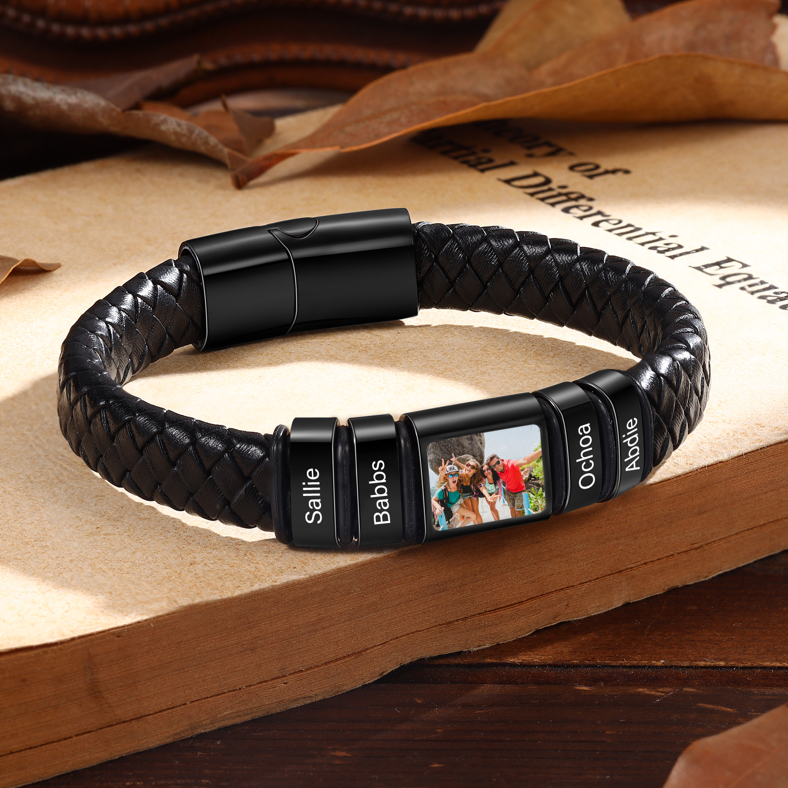 Personalized Men's Leather Bracelet Custom 1 Photo & 1–6 Names Black Silver Gift for Him