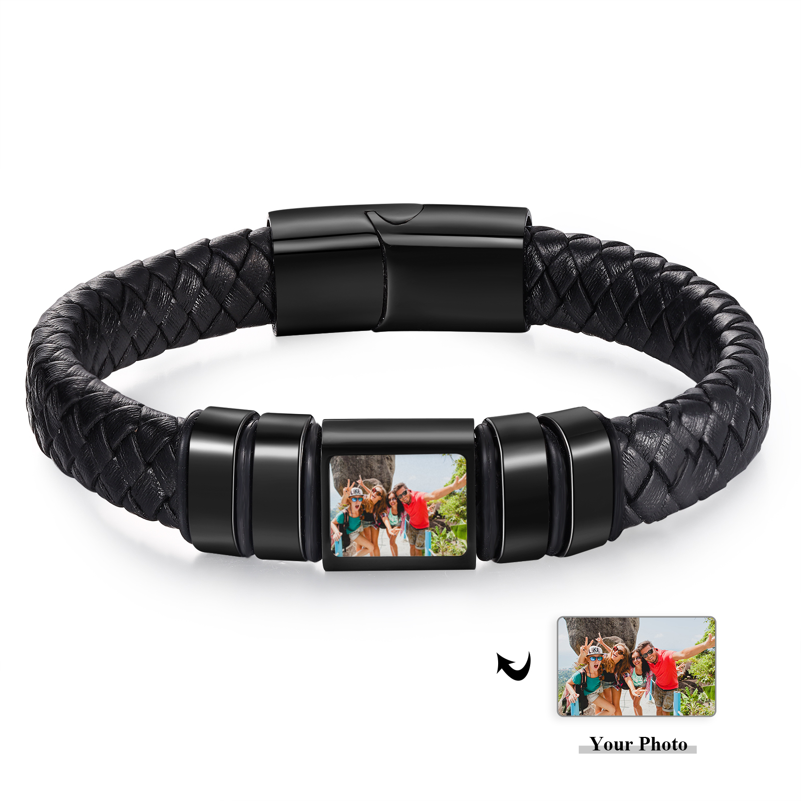 Personalized Men's Leather Bracelet Custom 1 Photo & 1–6 Names Black Silver Gift for Him