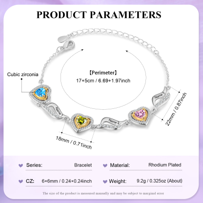 Personalized Birthstone Bracelet Custom 3 Birthstones and Names Heart Bracelet for Friends & Family Ideal Christmas Gift