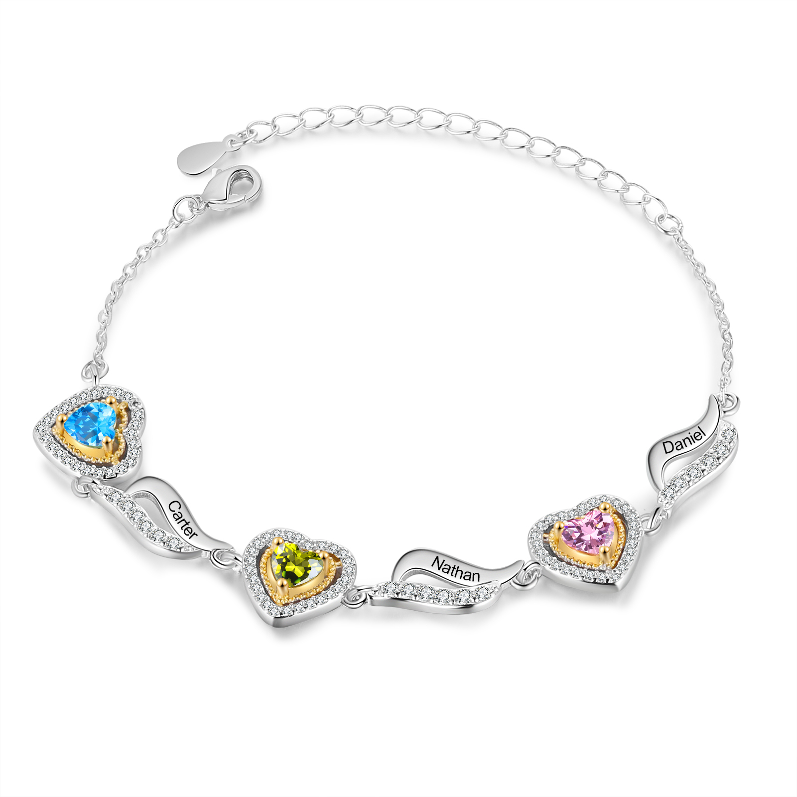 Personalized Birthstone Bracelet Custom 3 Birthstones and Names Heart Bracelet for Friends & Family Ideal Christmas Gift