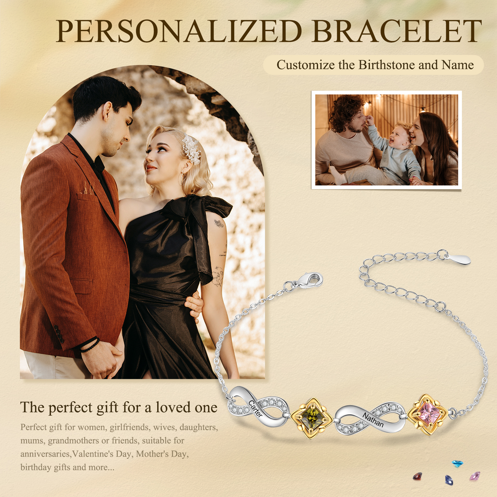 Personalized Infinity Bracelet with Custom 2-4 Names and Birthstones Elegant Gift for Her