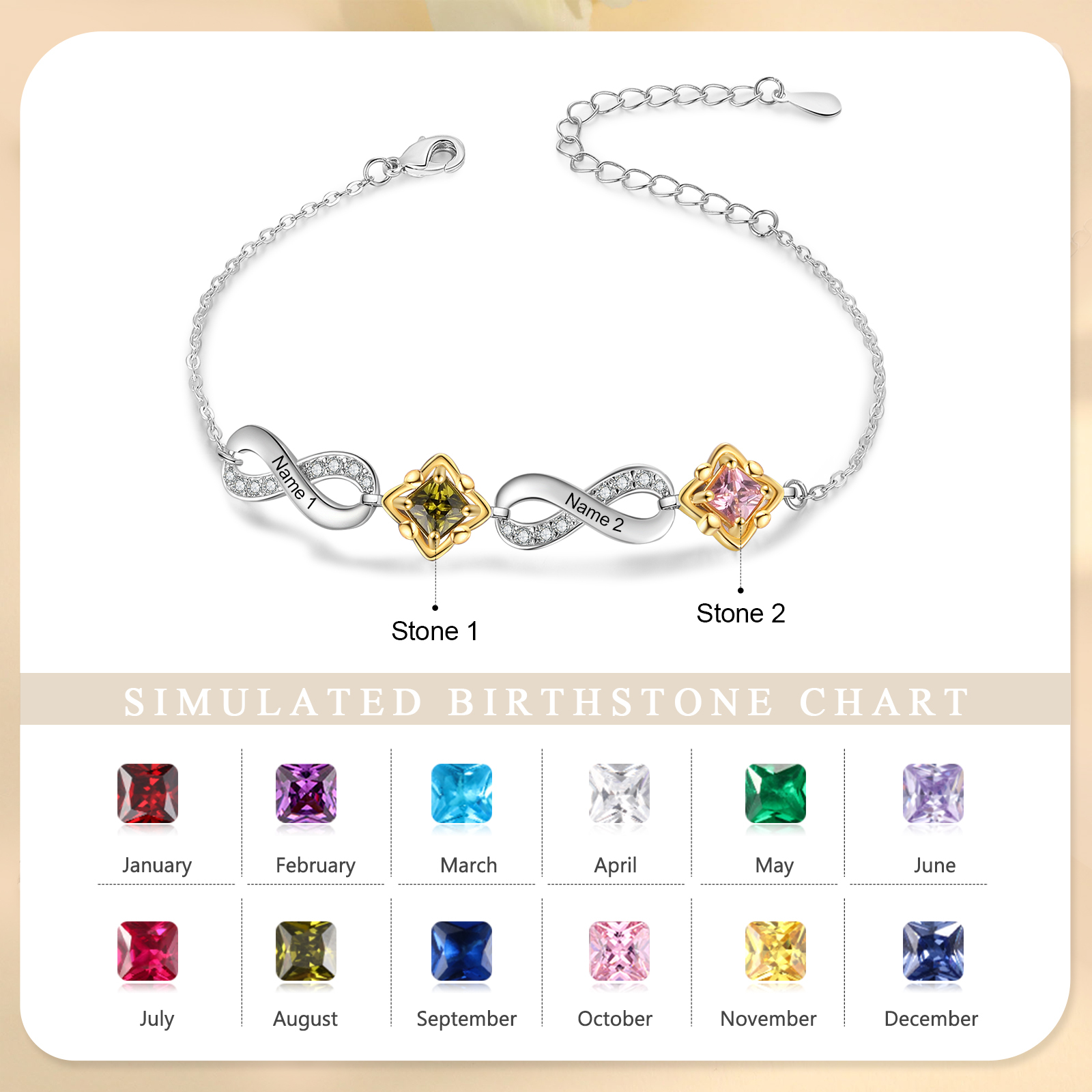 Personalized Infinity Bracelet with Custom 2-4 Names and Birthstones E