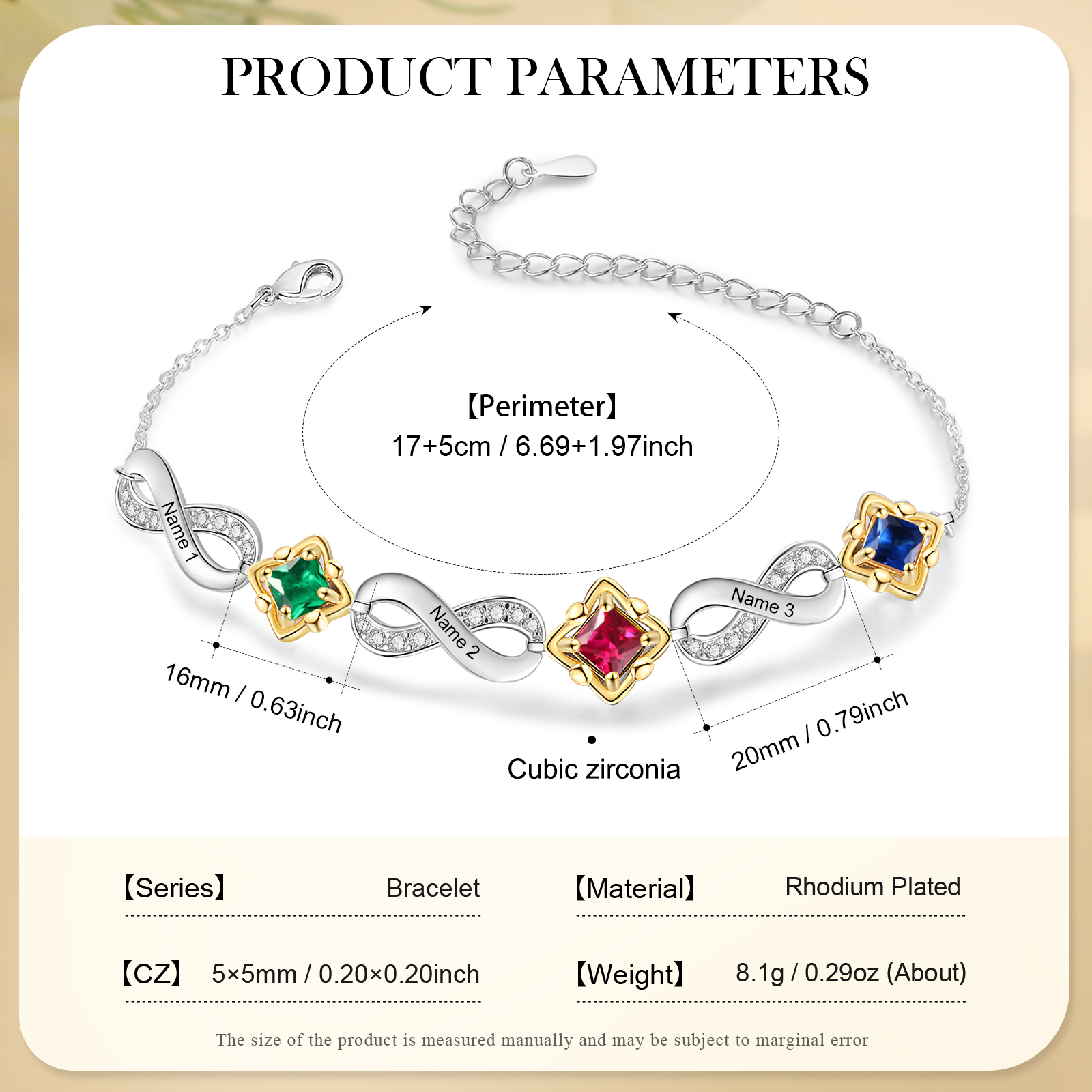 Personalized Infinity Bracelet with Custom 3 Names and Birthstones Elegant Gift for Her