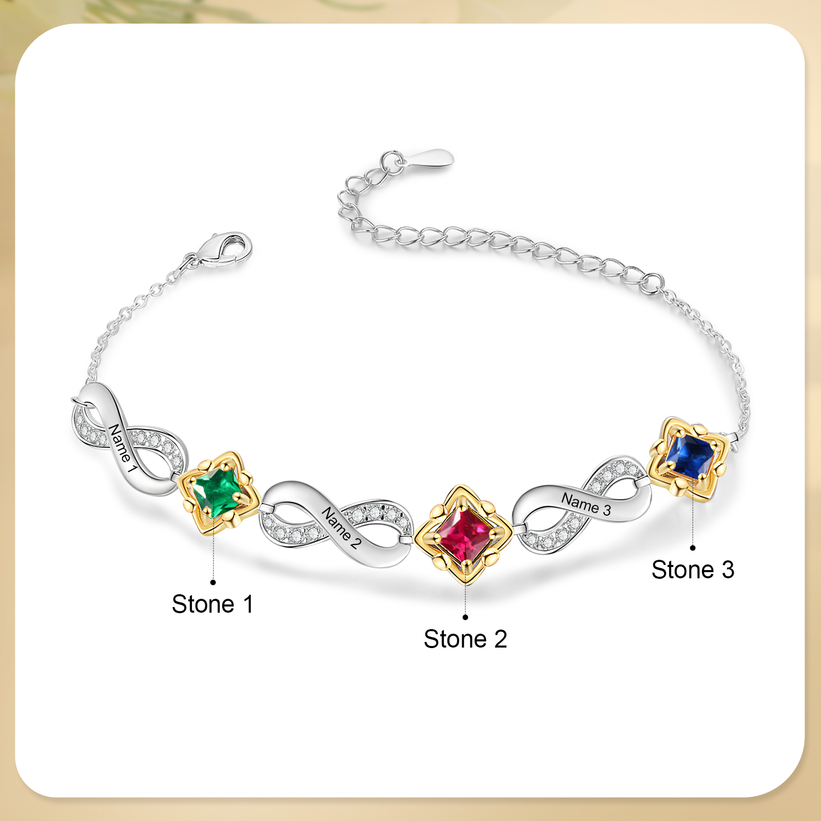 Personalized Infinity Bracelet with Custom 3 Names and Birthstones Elegant Gift for Her