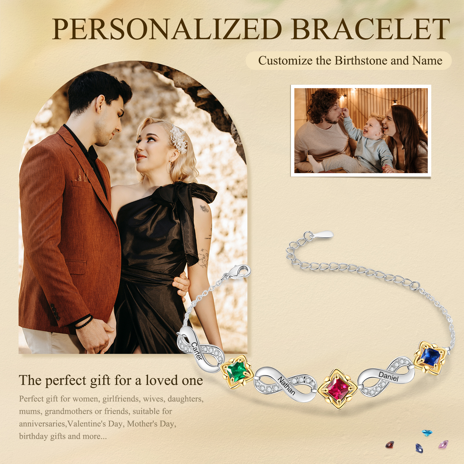 Personalized Infinity Bracelet with Custom 3 Names and Birthstones Elegant Gift for Her