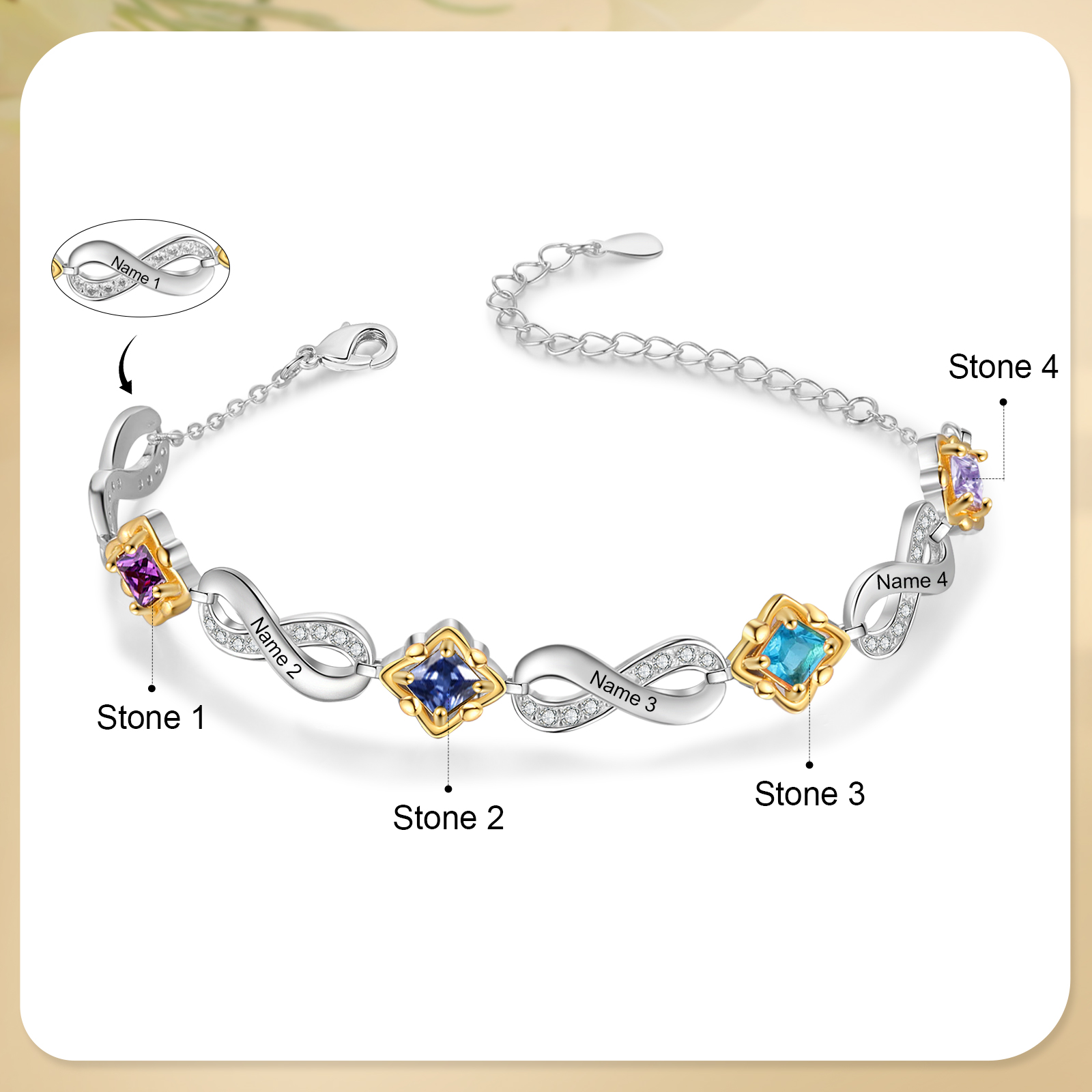 Personalized Infinity Bracelet with Custom 4 Names and Birthstones Elegant Gift for Her