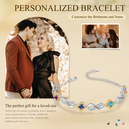 Personalized Infinity Bracelet with Custom 4 Names and Birthstones Elegant Gift for Her