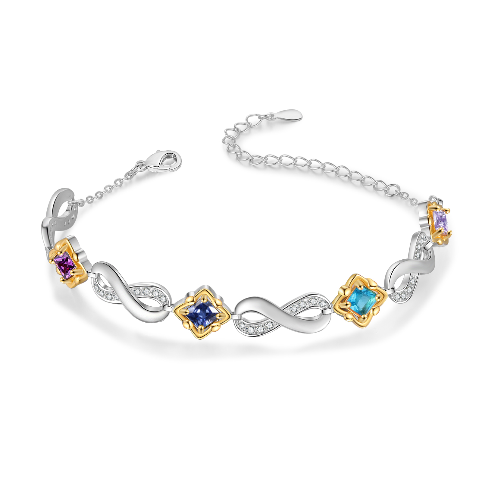 Personalized Infinity Bracelet with Custom 4 Names and Birthstones Elegant Gift for Her