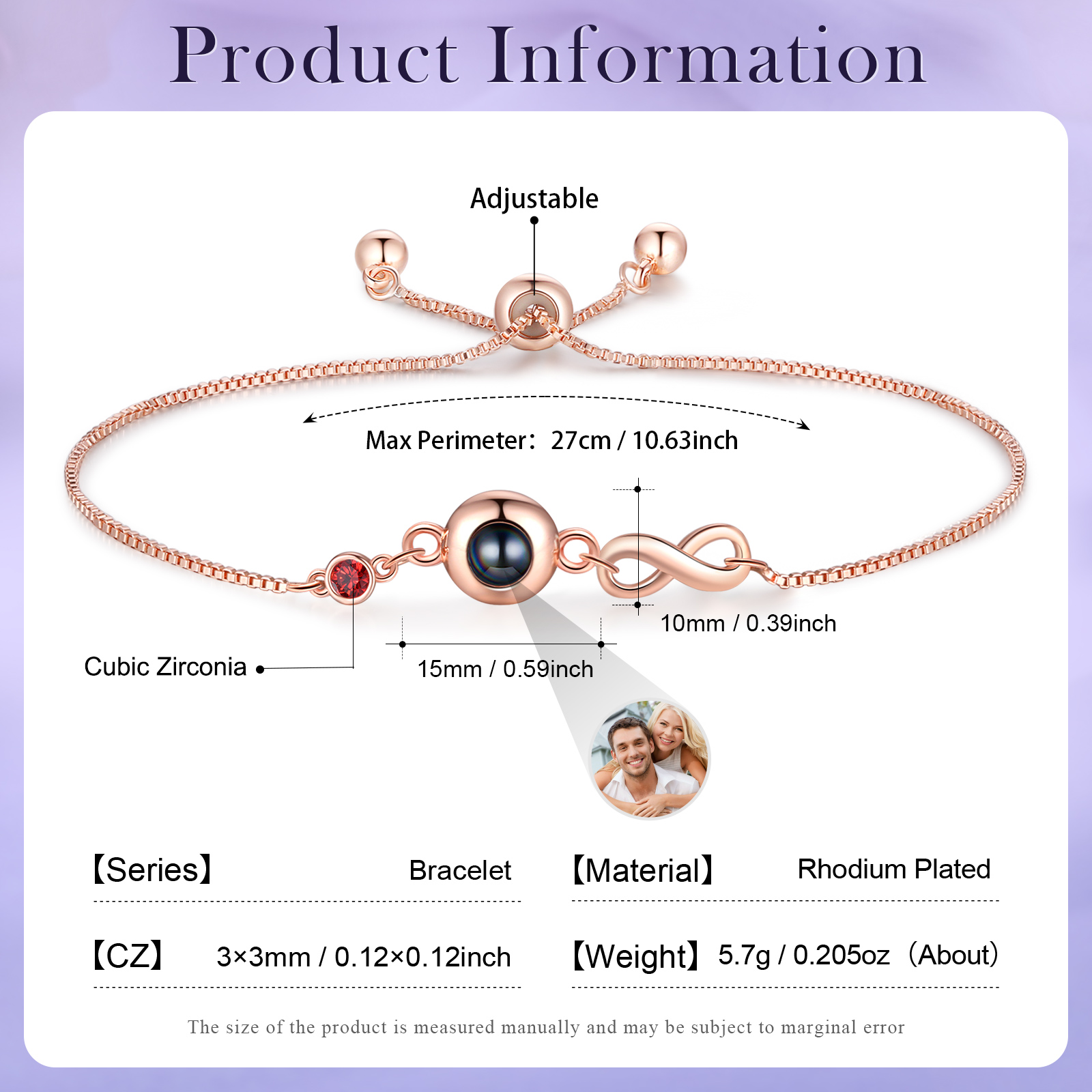 Personalized Infinity Projection Bracelet with 1 Photo & Birthstone Projection Bracelet in Silver or Rose Gold Gift for Her