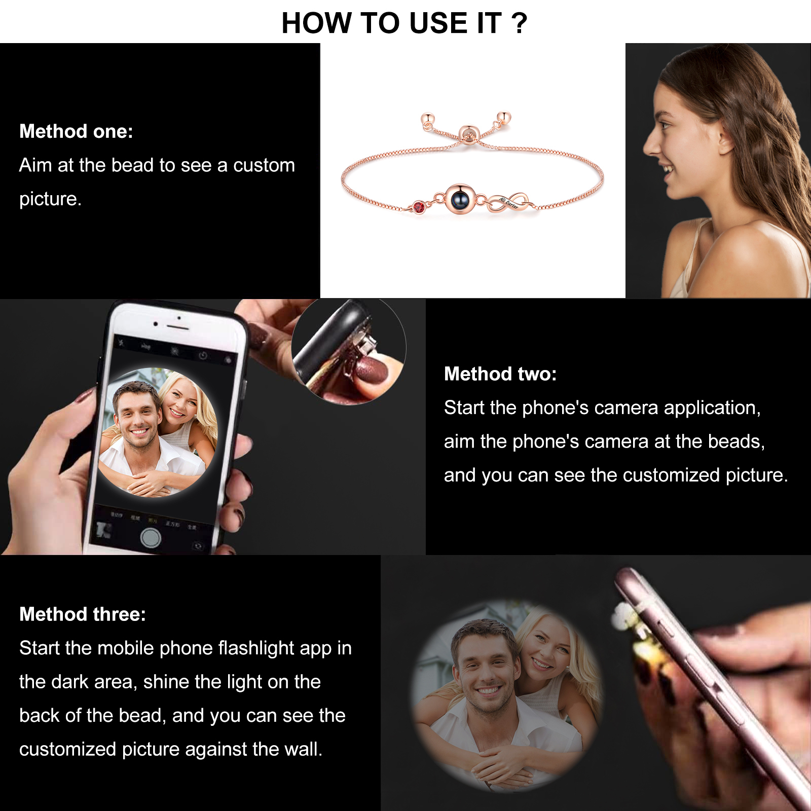 Custom Projection Bracelet with Personalized Photo and Birthstones A Heartfelt Gift for Her