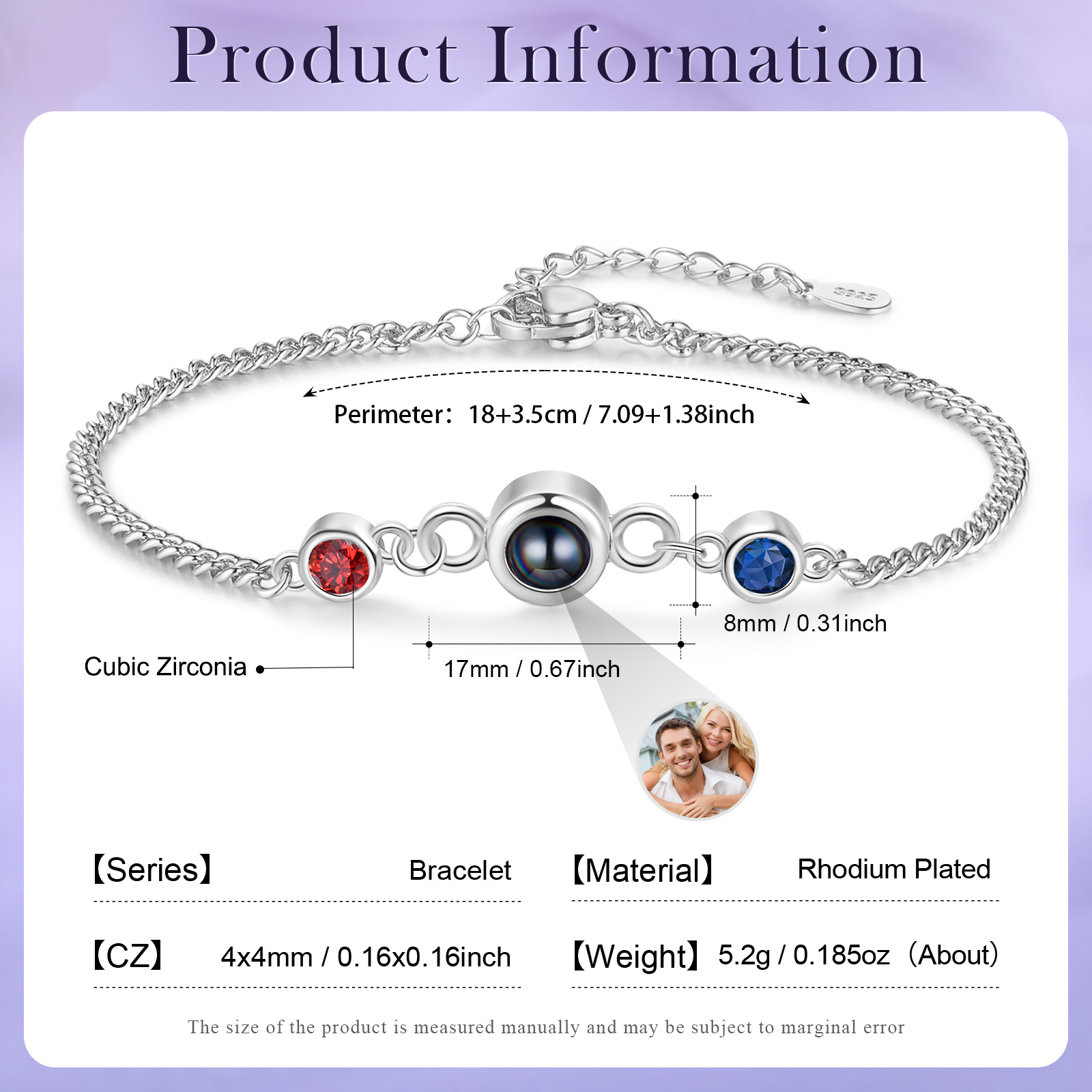 Personalized Projection Bracelet with 1 Photo & 1 Birthstone Adjustable Bracelet in Silver Rose Gold or Gold Gift for Her