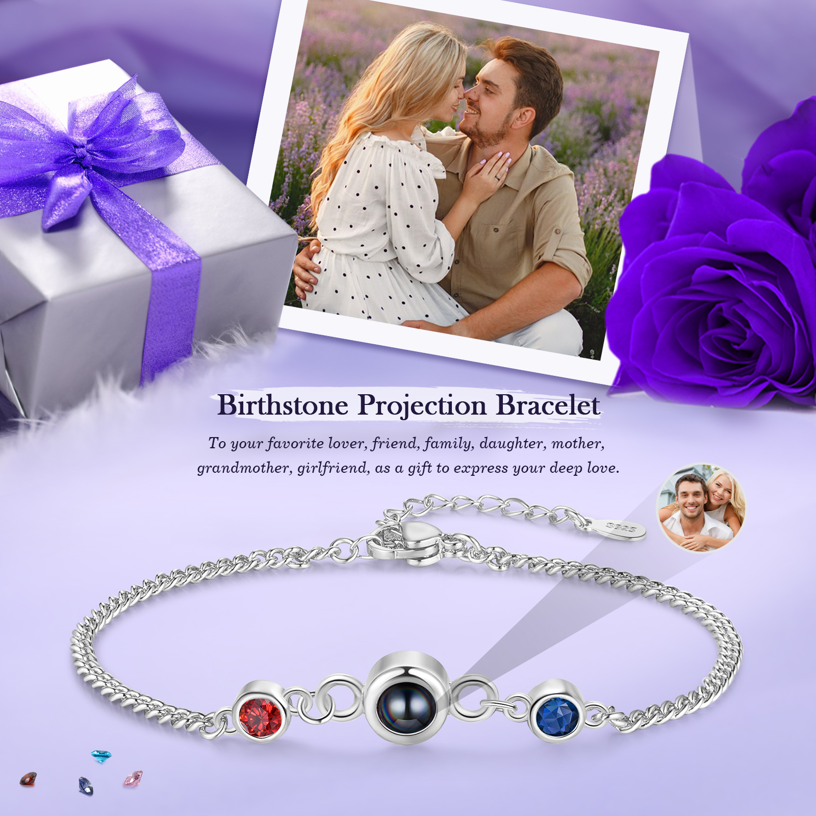 Personalized Projection Bracelet with 1 Photo & 1 Birthstone Adjustable Bracelet in Silver Rose Gold or Gold Gift for Her
