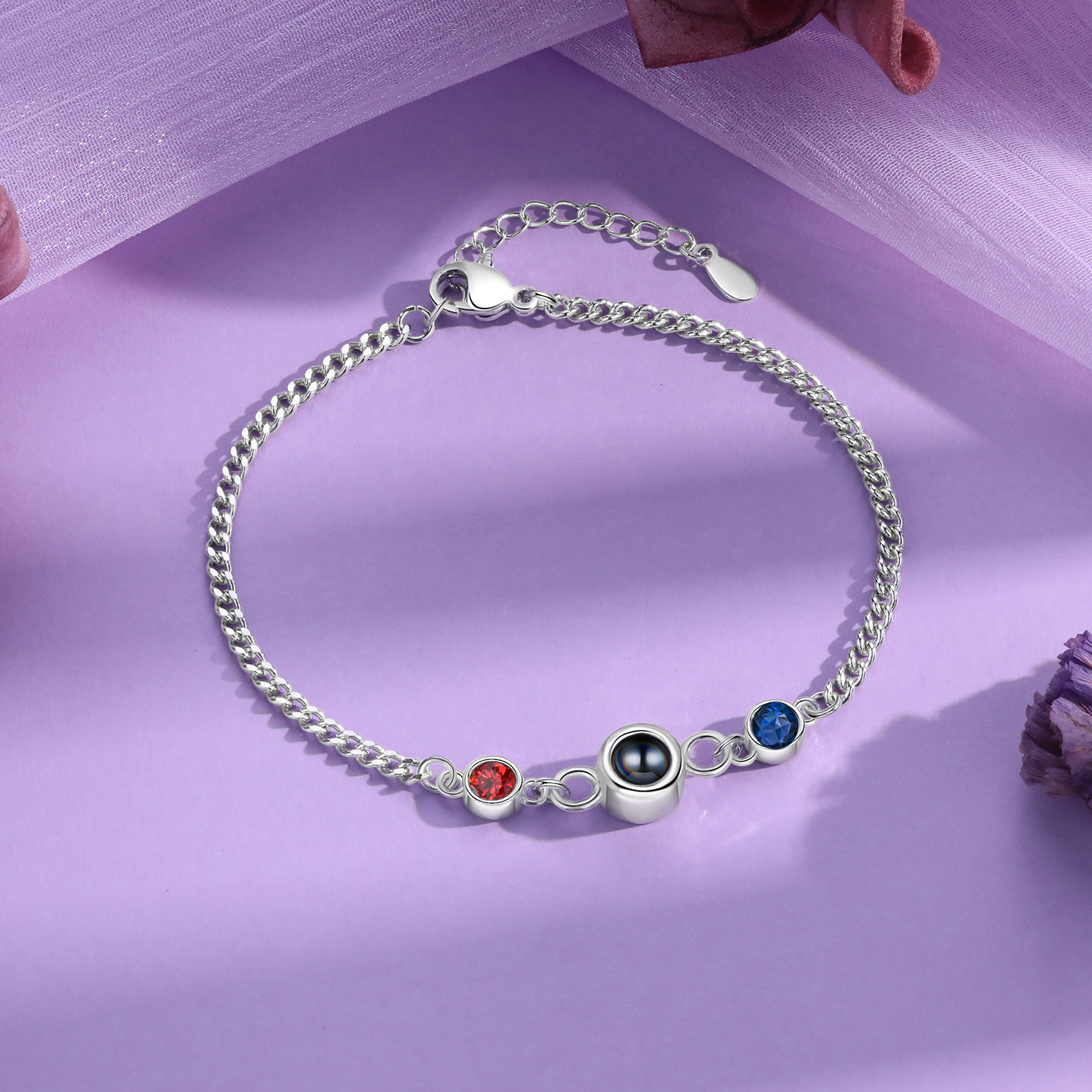 Personalized Projection Bracelet with 1 Photo & 1 Birthstone Adjustable Bracelet in Silver Rose Gold or Gold Gift for Her