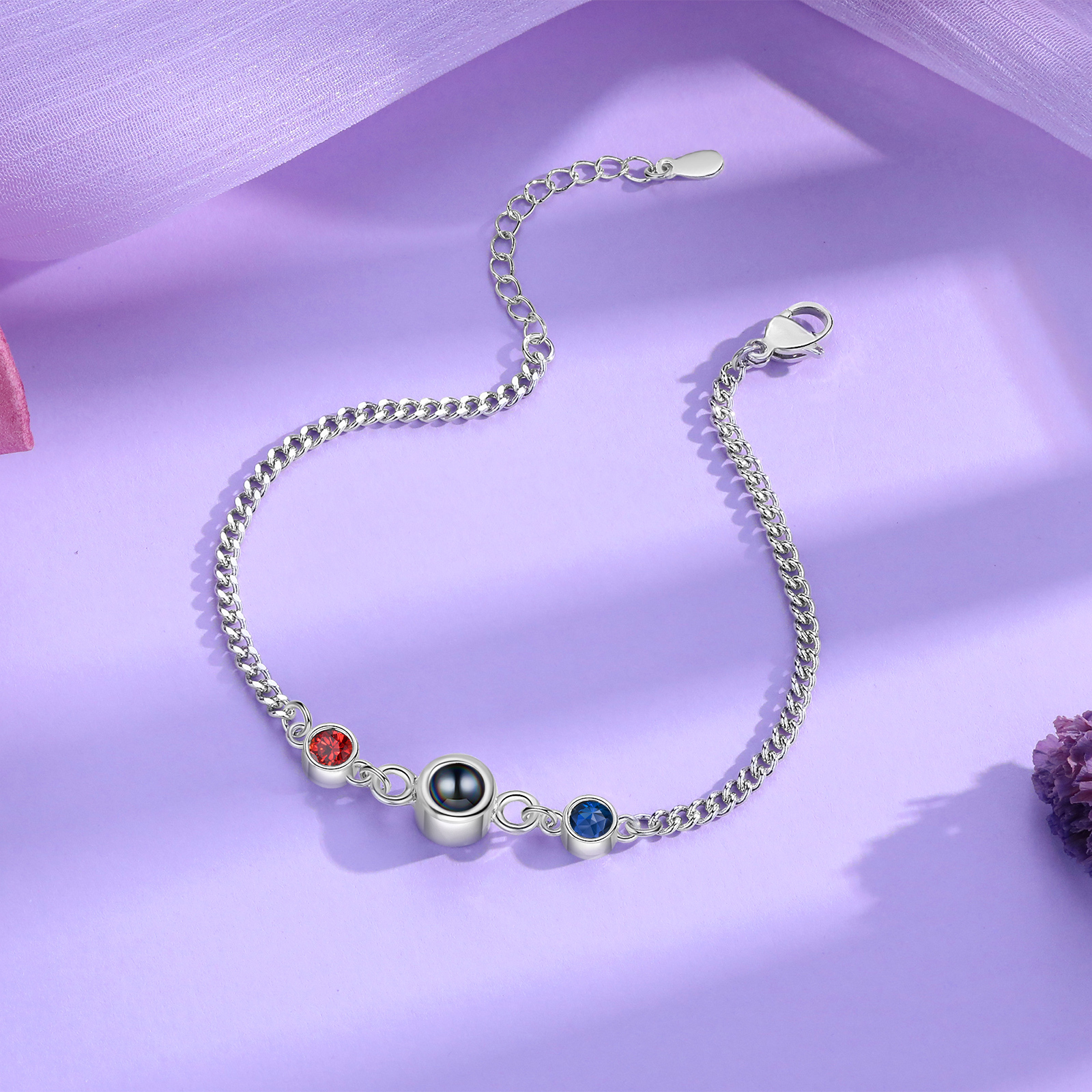 Personalized Projection Bracelet with 1 Photo & 1 Birthstone Adjustable Bracelet in Silver Rose Gold or Gold Gift for Her