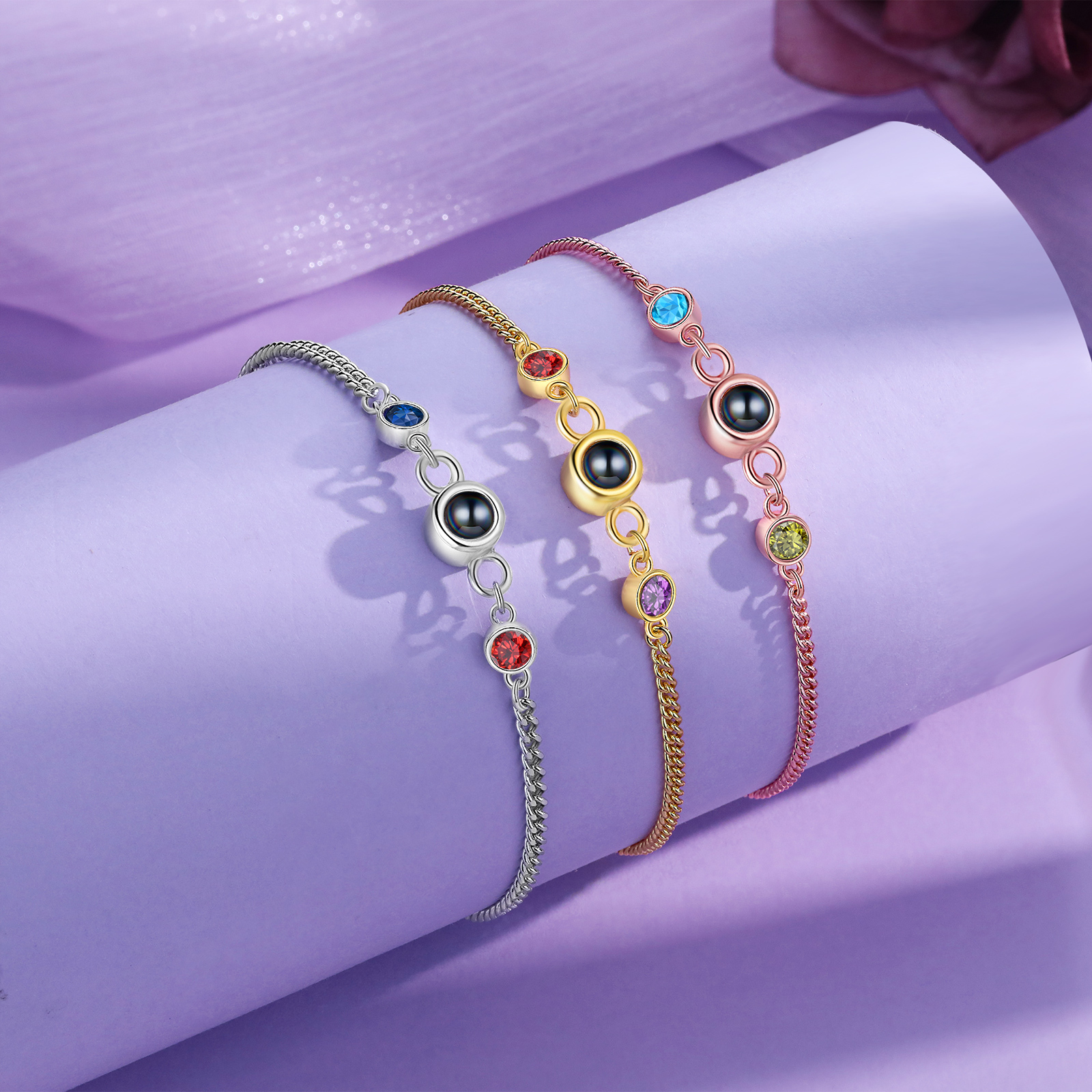 Personalized Projection Bracelet with 1 Photo & 1 Birthstone Adjustable Bracelet in Silver Rose Gold or Gold Gift for Her