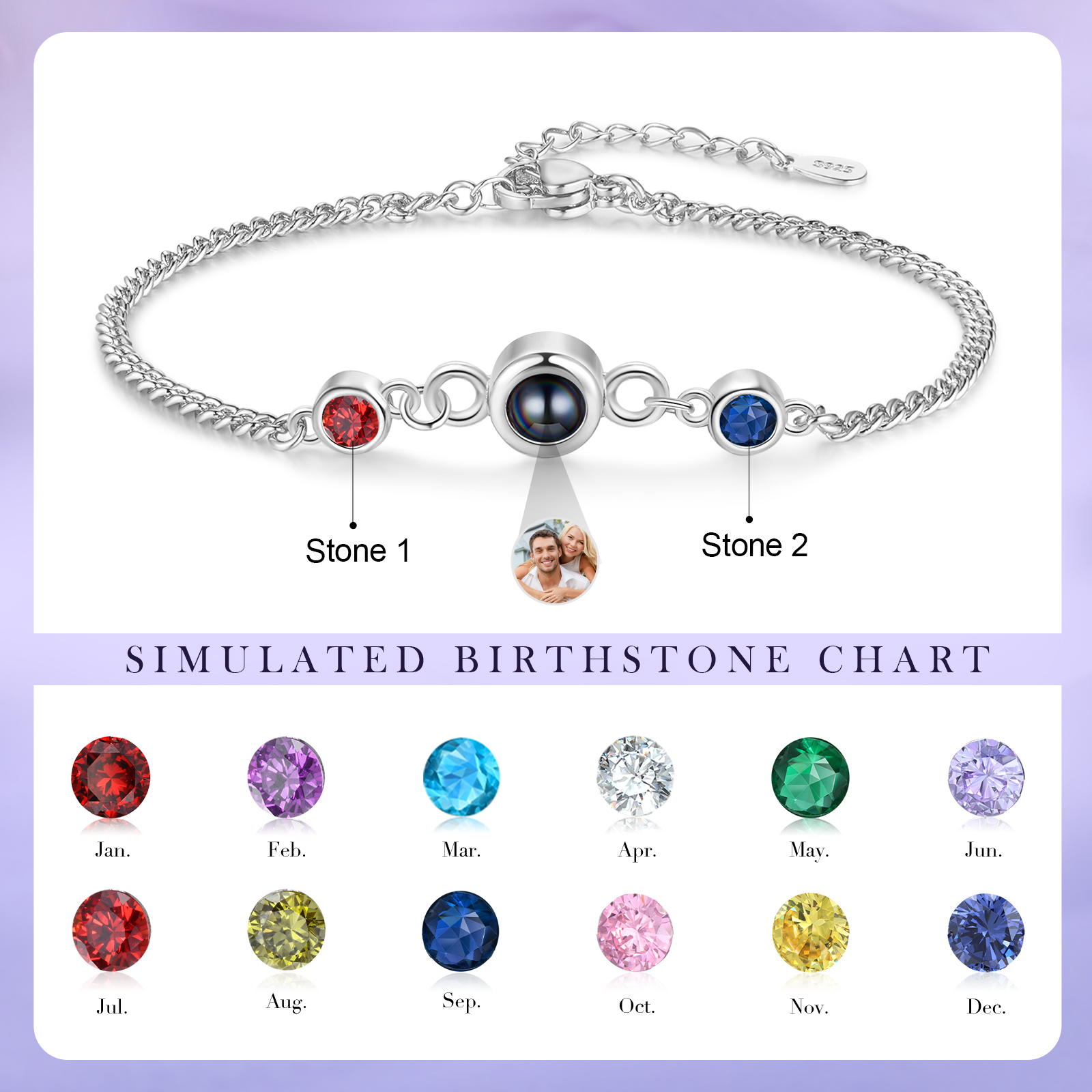 Personalized Projection Bracelet with 1 Photo & 1 Birthstone Adjustable Bracelet in Silver Rose Gold or Gold Gift for Her