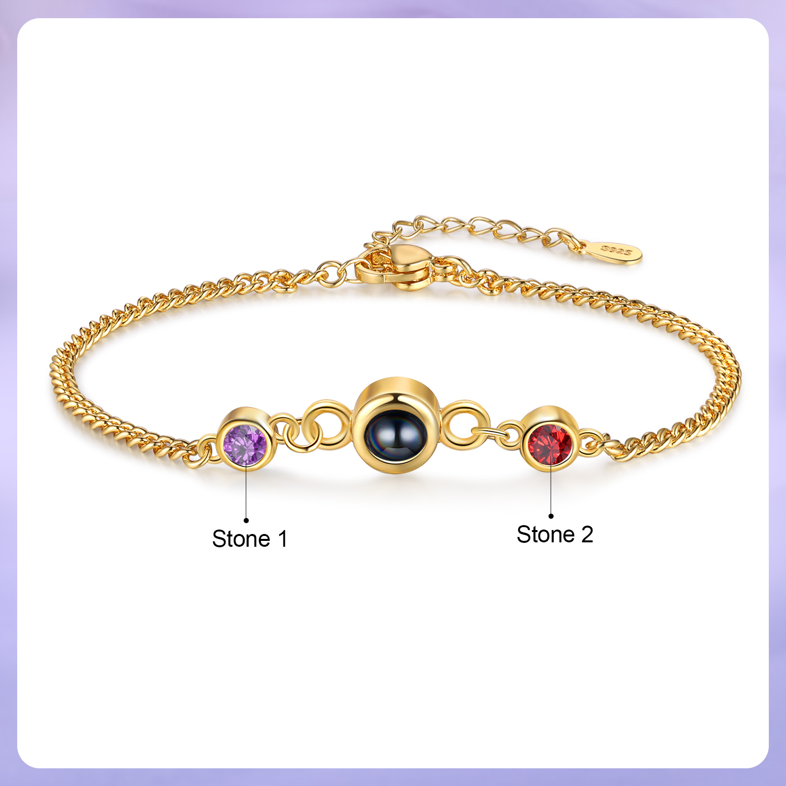 Personalized Projection Bracelet with 1 Photo & 1 Birthstone Adjustable Bracelet in Silver Rose Gold or Gold Gift for Her