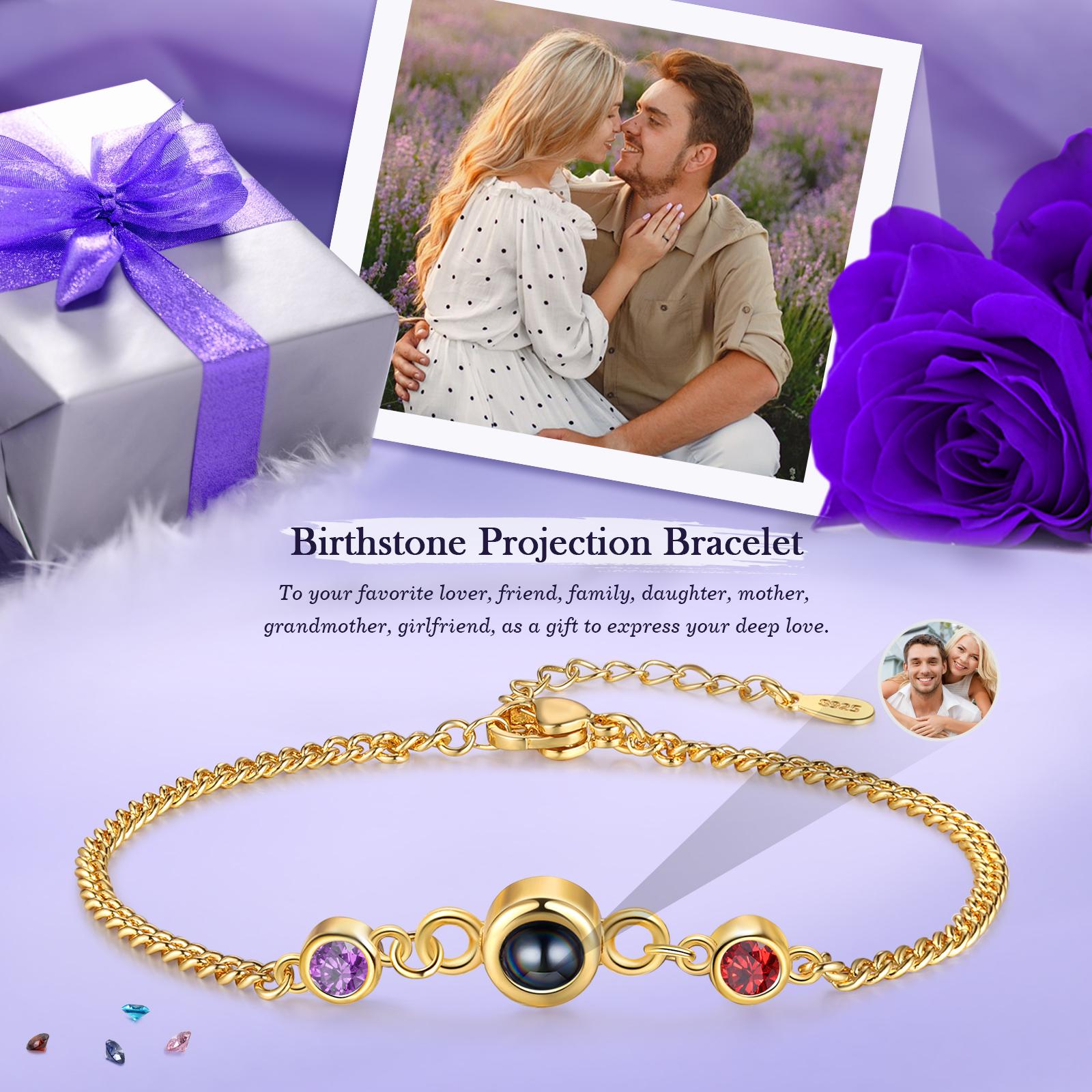 Personalized Projection Bracelet with 1 Photo & 1 Birthstone Adjustable Bracelet in Silver Rose Gold or Gold Gift for Her