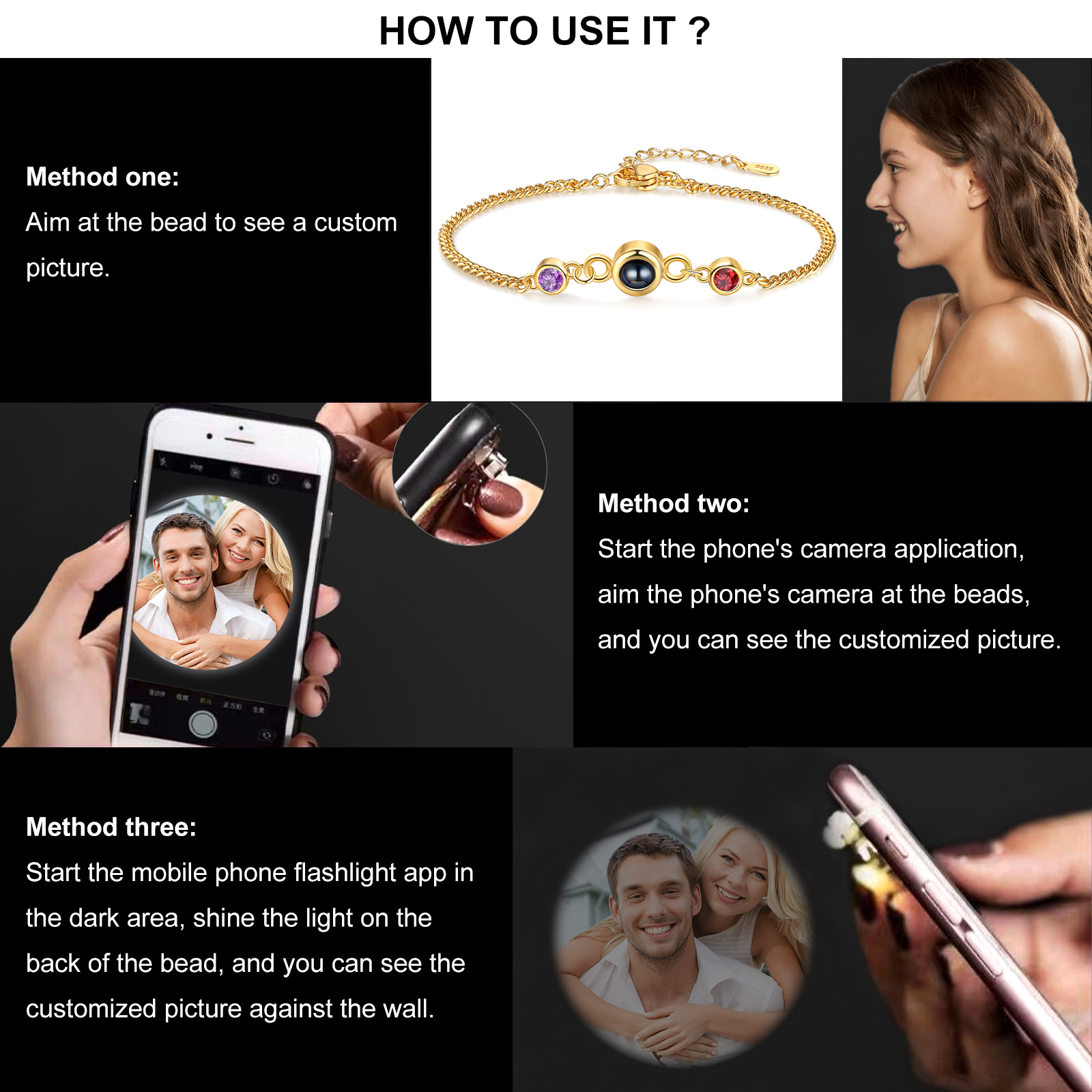 Personalized Projection Bracelet with 1 Photo & 1 Birthstone Adjustable Bracelet in Silver Rose Gold or Gold Gift for Her