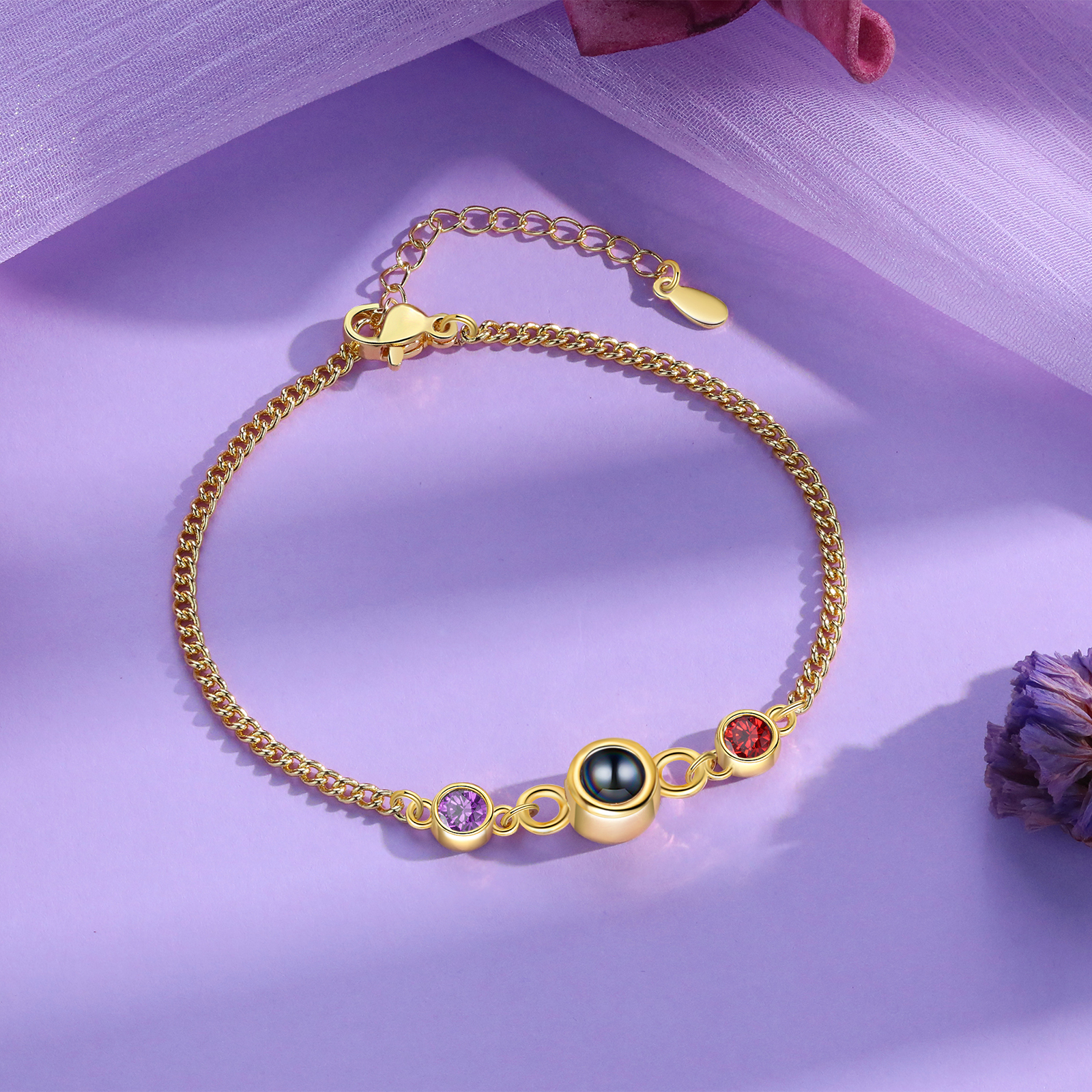 Personalized Projection Bracelet with 1 Photo & 1 Birthstone Adjustable Bracelet in Silver Rose Gold or Gold Gift for Her