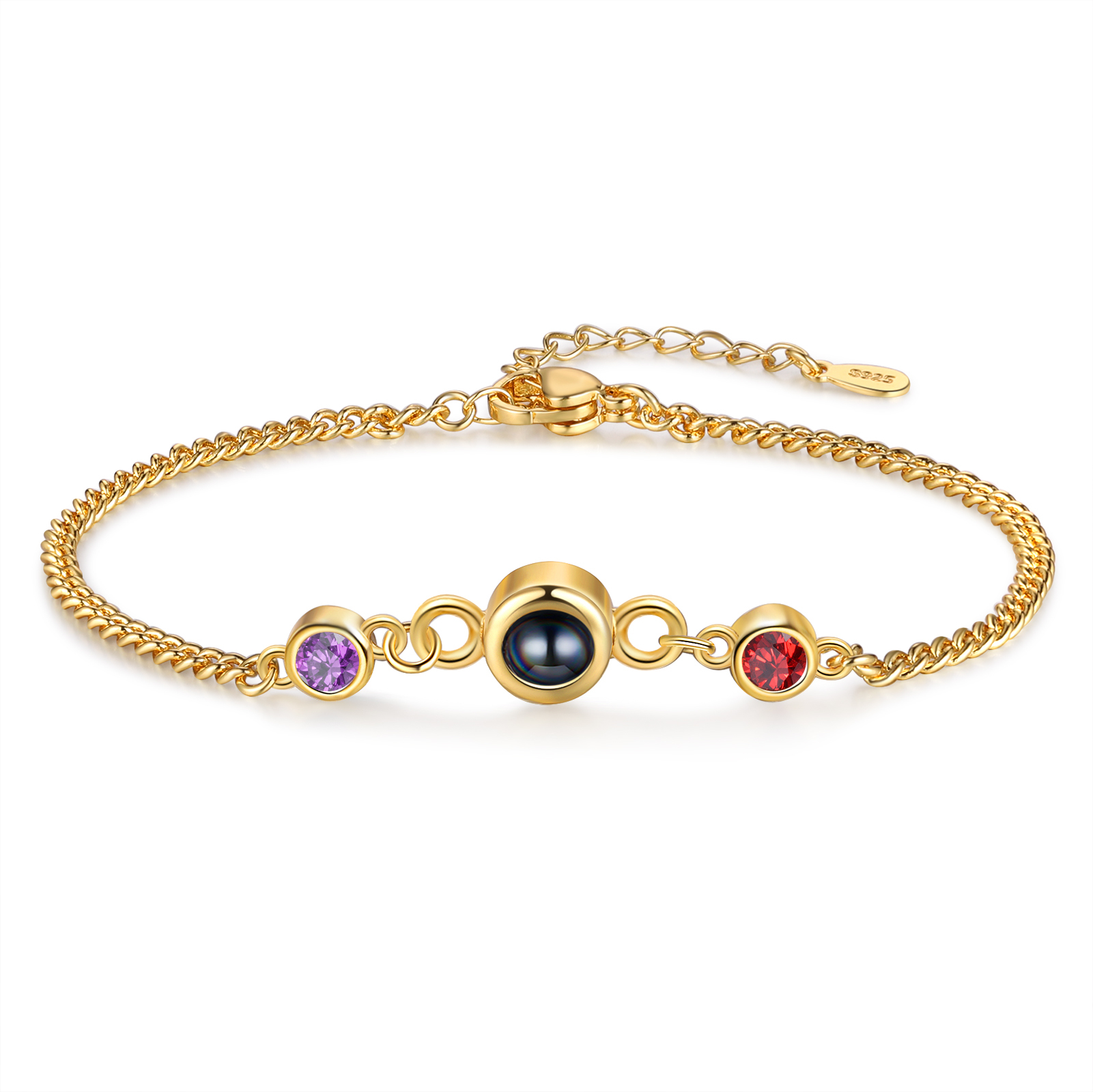 Personalized Projection Bracelet with 1 Photo & 1 Birthstone Adjustable Bracelet in Silver Rose Gold or Gold Gift for Her