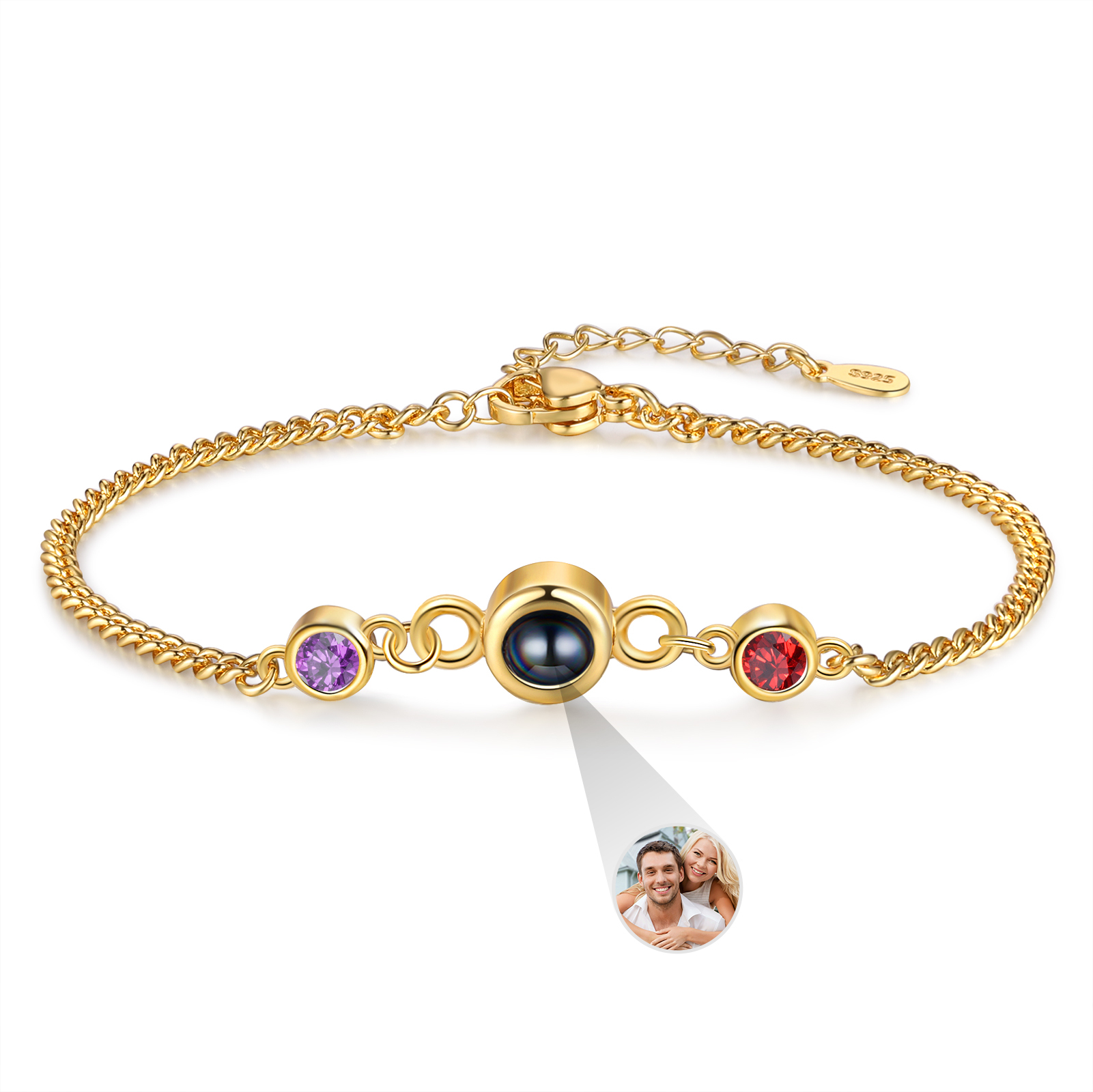 Personalized Projection Bracelet with 1 Photo & 1 Birthstone Adjustable Bracelet in Silver Rose Gold or Gold Gift for Her