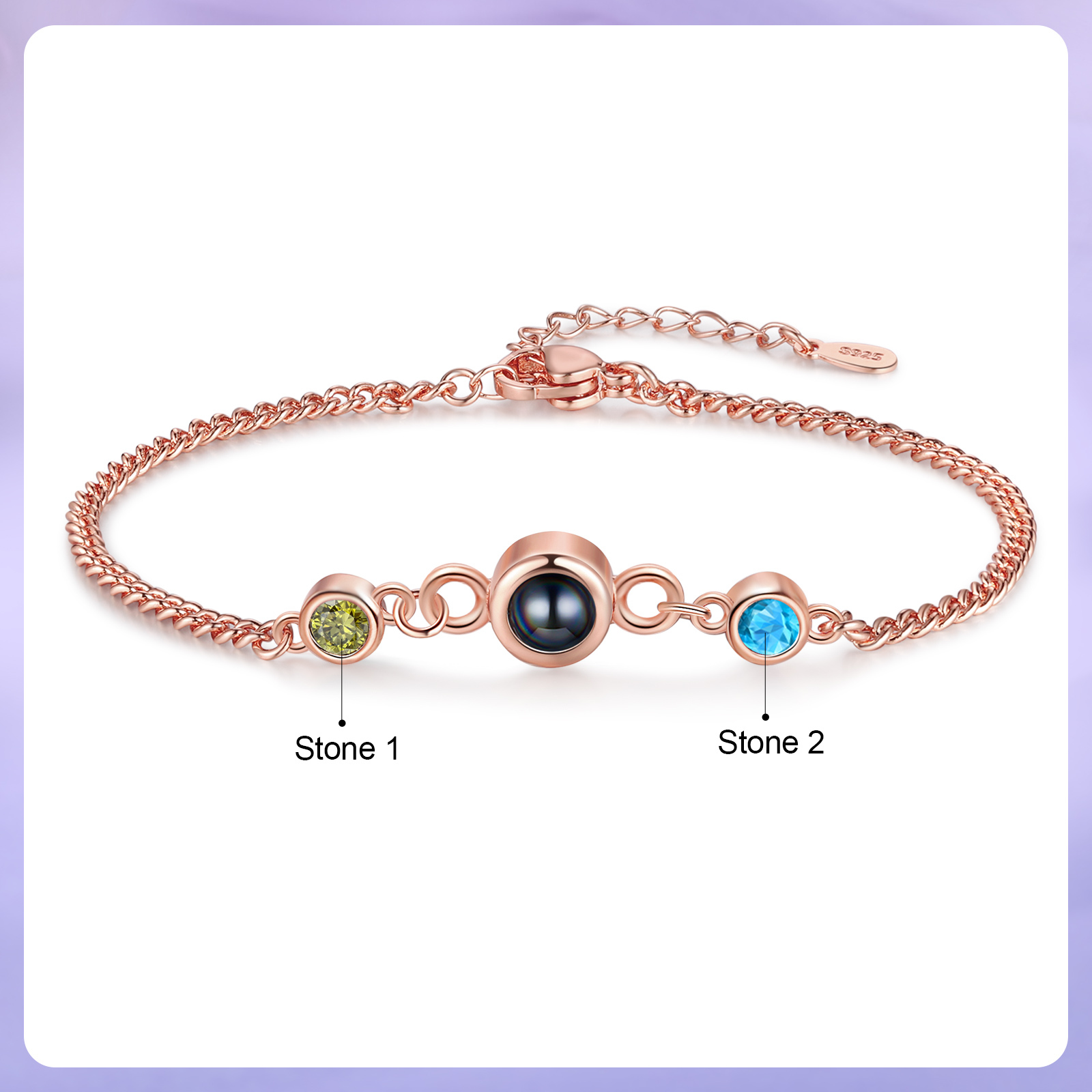 Personalized Projection Bracelet with 1 Photo & 1 Birthstone Adjustable Bracelet in Silver Rose Gold or Gold Gift for Her