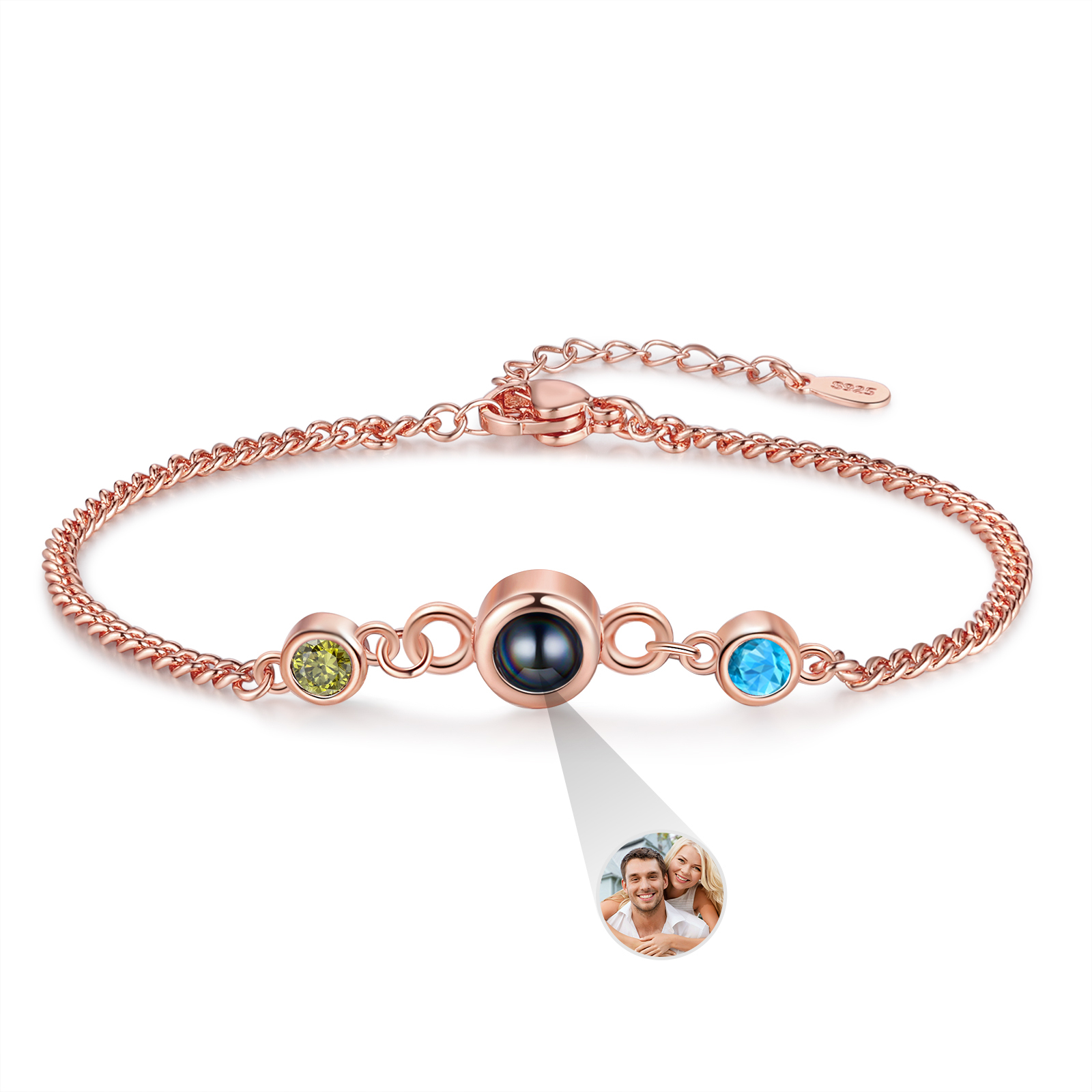 Personalized Projection Bracelet with 1 Photo & 1 Birthstone Adjustable Bracelet in Silver Rose Gold or Gold Gift for Her