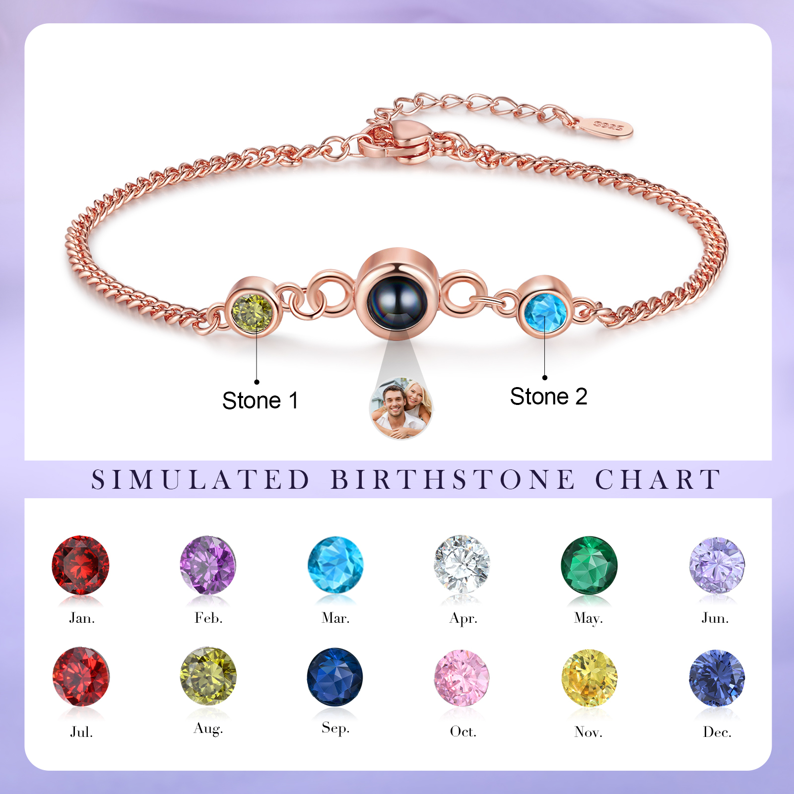 Personalized Projection Bracelet with 1 Photo & 1 Birthstone Adjustable Bracelet in Silver Rose Gold or Gold Gift for Her